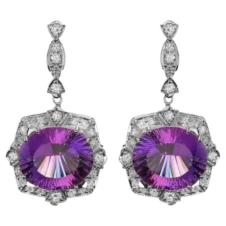 19.70ct Natural Amethyst and Diamond 14K Solid White Gold Earrings For Sale