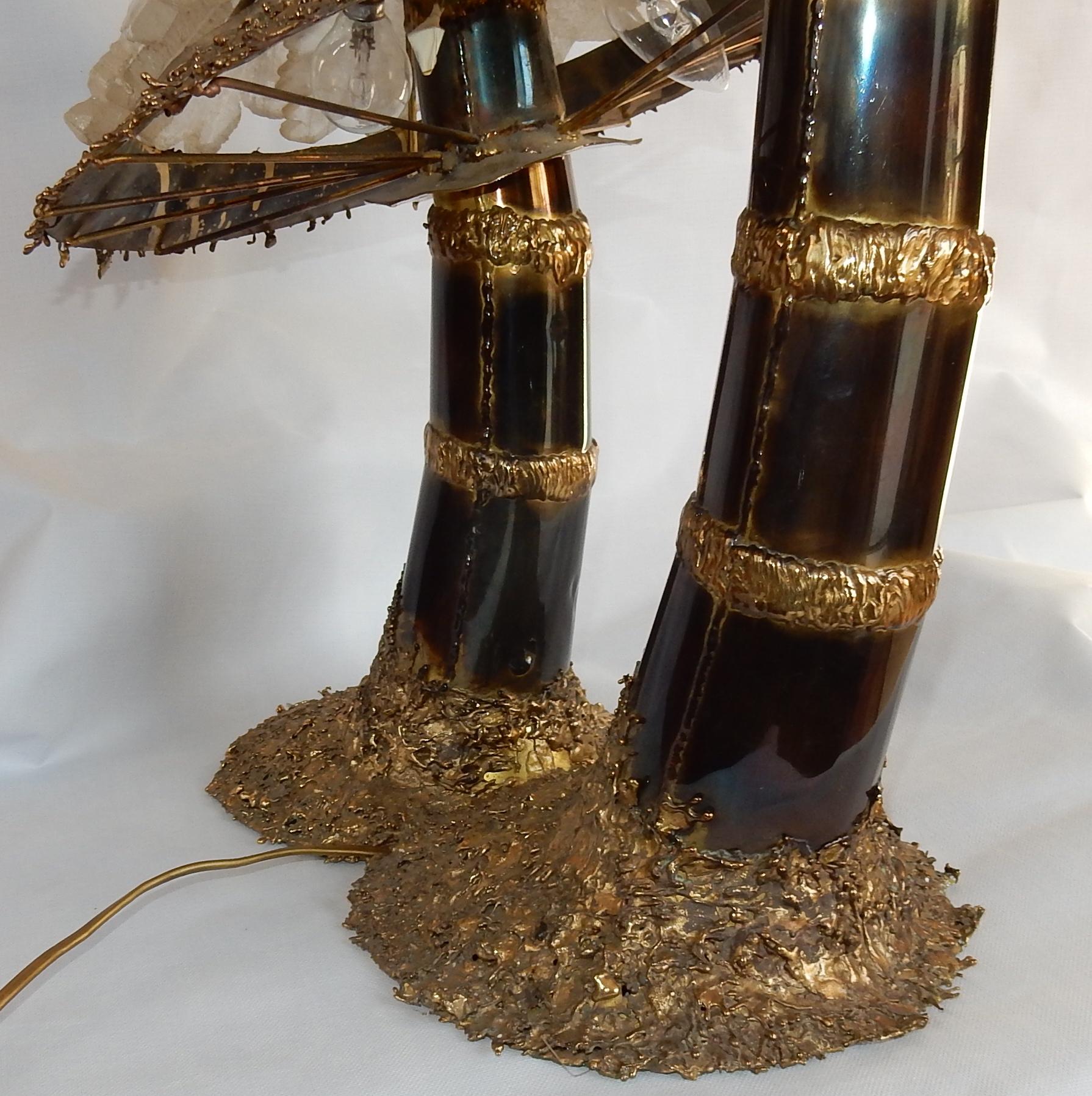 Mid-20th Century 1970′Lamp + Illuminating Mushrooms In Brass With Gypsum Imitating Rock Crystal For Sale