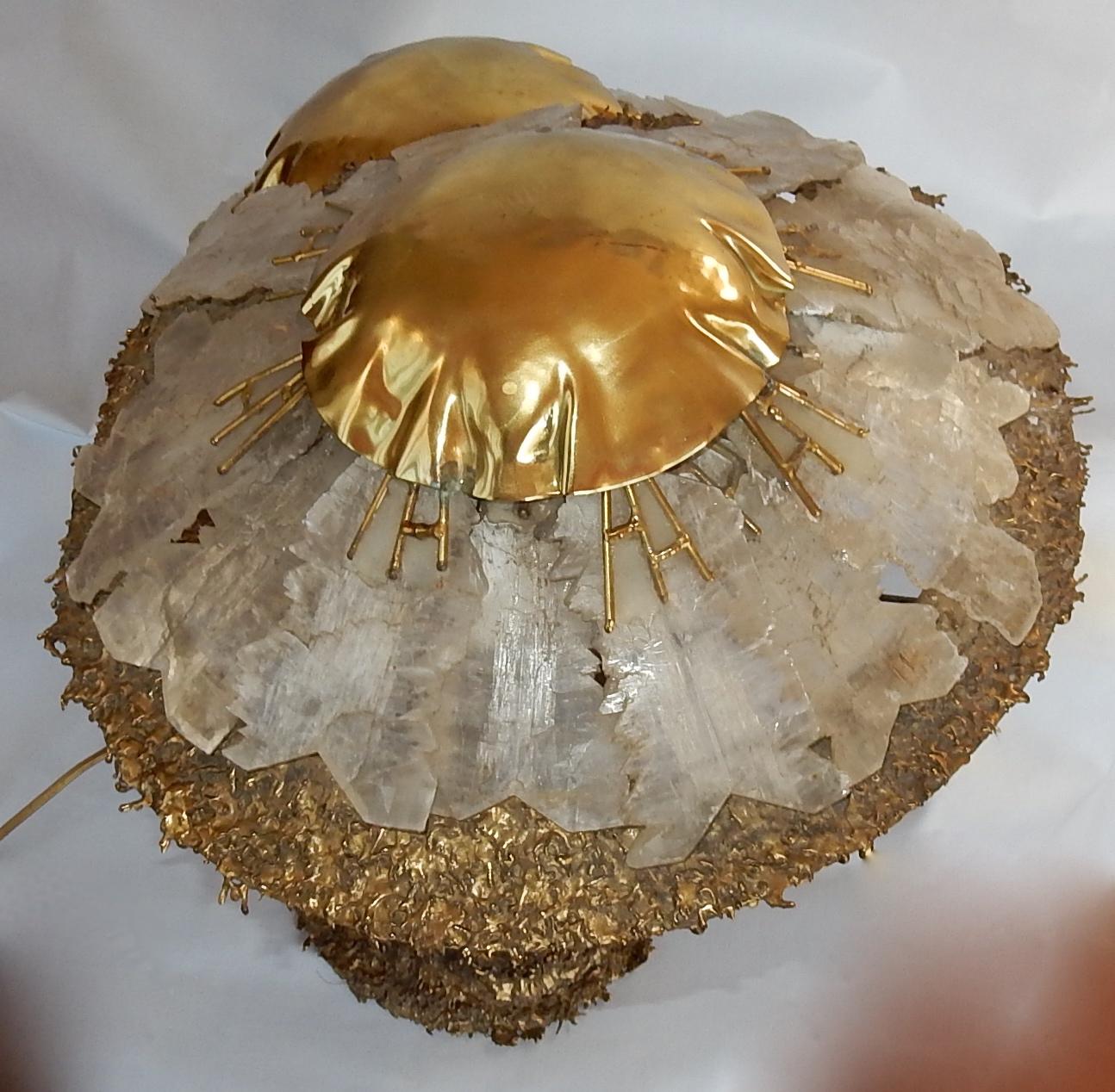 1970′Lamp + Illuminating Mushrooms In Brass With Gypsum Imitating Rock Crystal For Sale 2