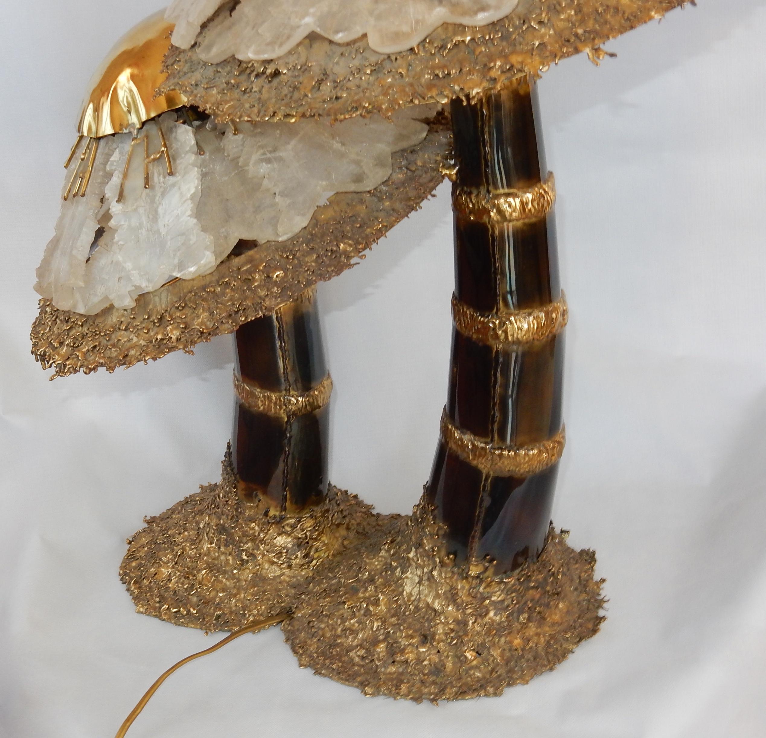 1970′Lamp + Illuminating Mushrooms In Brass With Gypsum Imitating Rock Crystal For Sale 6