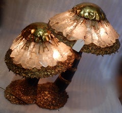 1970′Lamp + Illuminating Mushrooms In Brass With Gypsum Imitating Rock Crystal