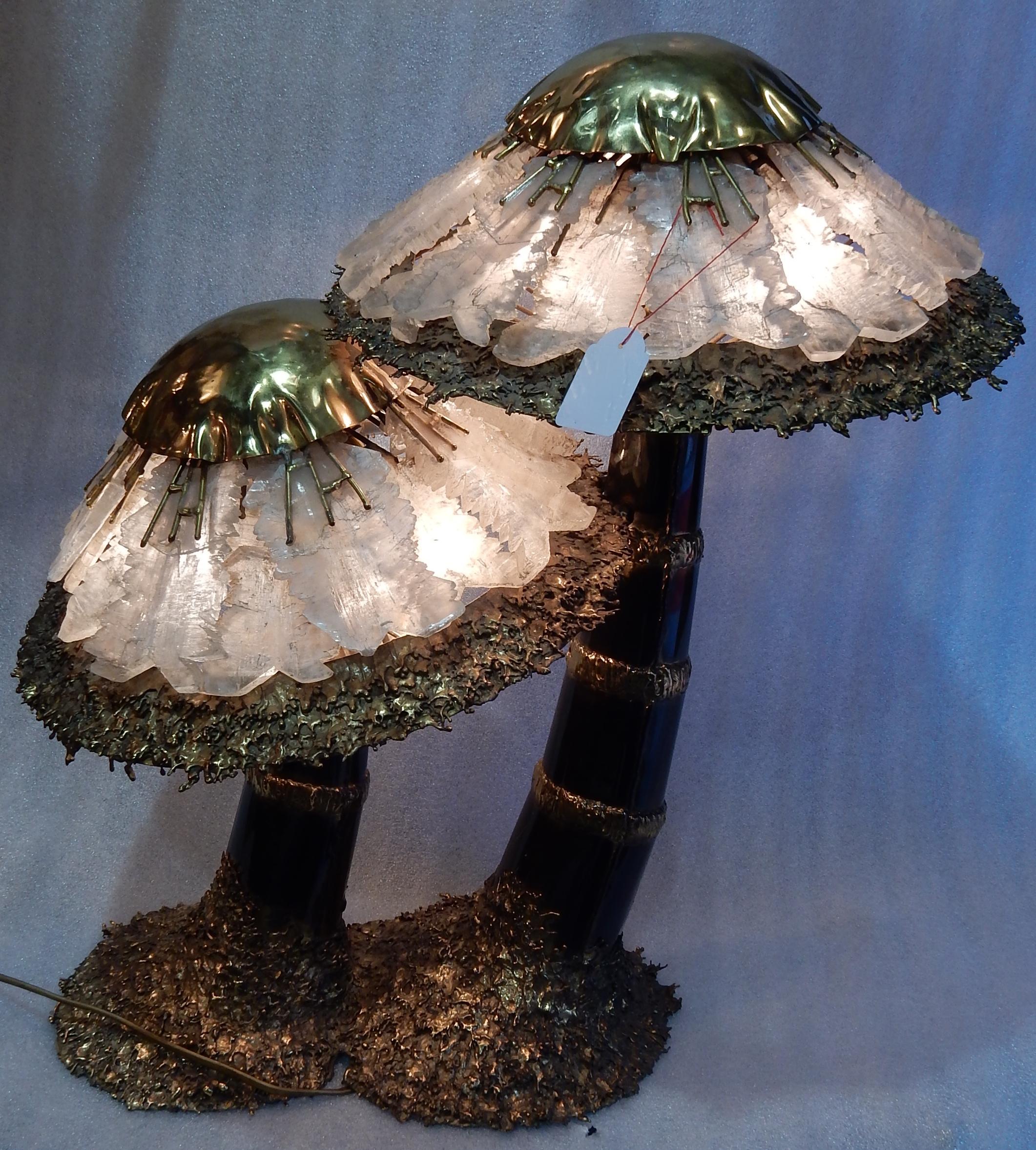 Space Age 1970′Lamp + Illuminating Mushrooms In Brass With Gypsum Imitating Rock Crystal For Sale