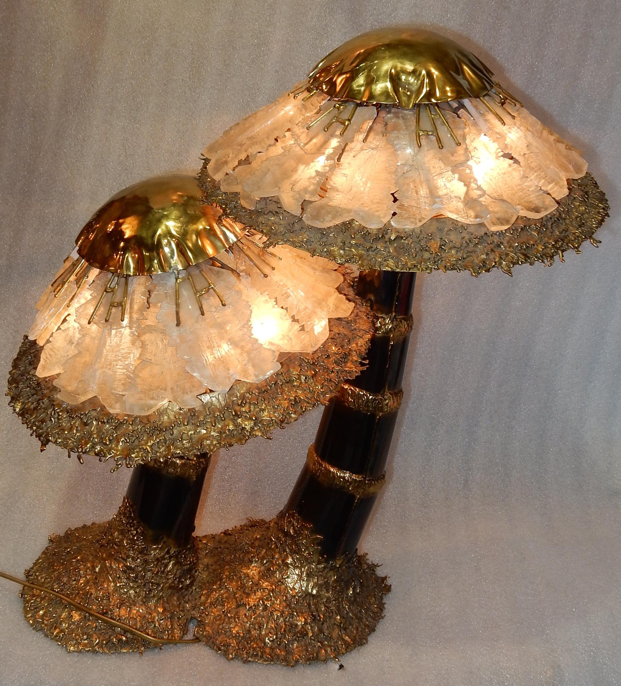 French 1970′Lamp + Illuminating Mushrooms In Brass With Gypsum Imitating Rock Crystal For Sale