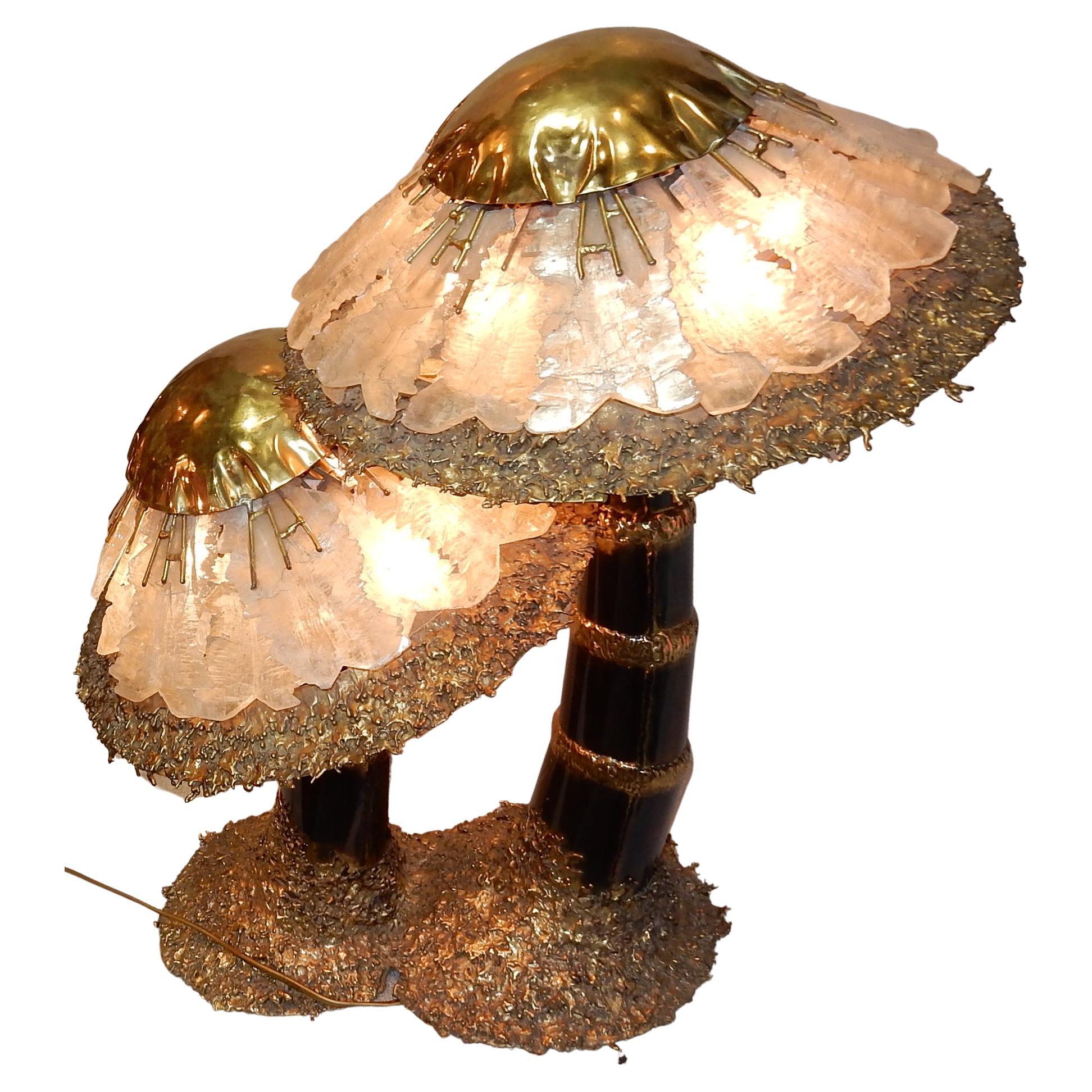 1970′Lamp + Illuminating Mushrooms In Brass With Gypsum Imitating Rock Crystal