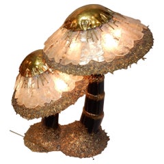 Vintage 1970′Lamp + Illuminating Mushrooms In Brass With Gypsum Imitating Rock Crystal