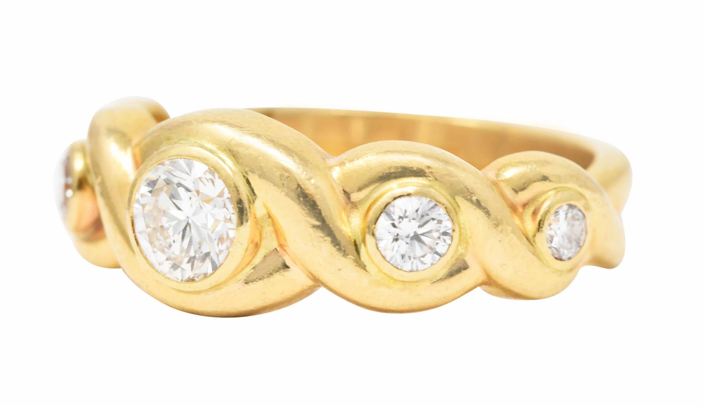Women's or Men's 1970's 0.70 Carats 14 Karat Yellow Gold Scroll Vintage Five Stone Ring