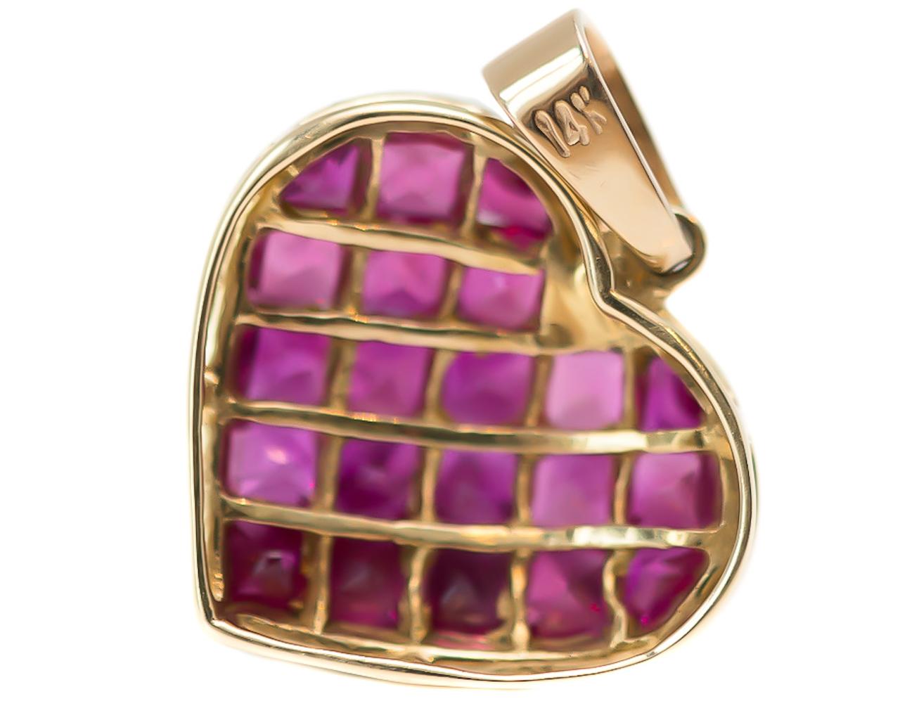 Contemporary 1970s 1.0 Carat Total Ruby and 14 Karat Yellow Gold Puffed Heart Pendant