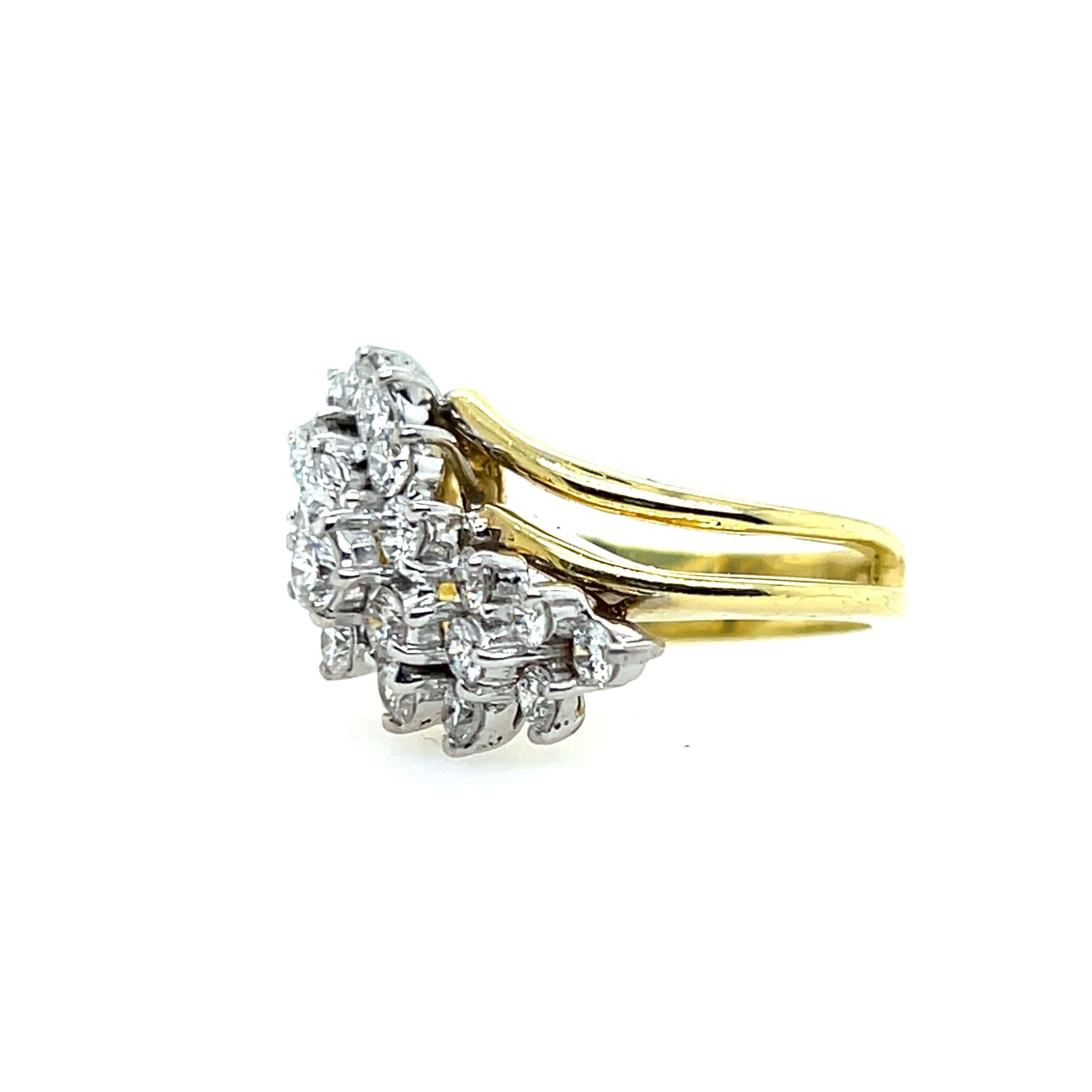 Contemporary 1970s  1.00 TCW Diamond and 18k Two Tone Gold Waterfall Cluster Ring