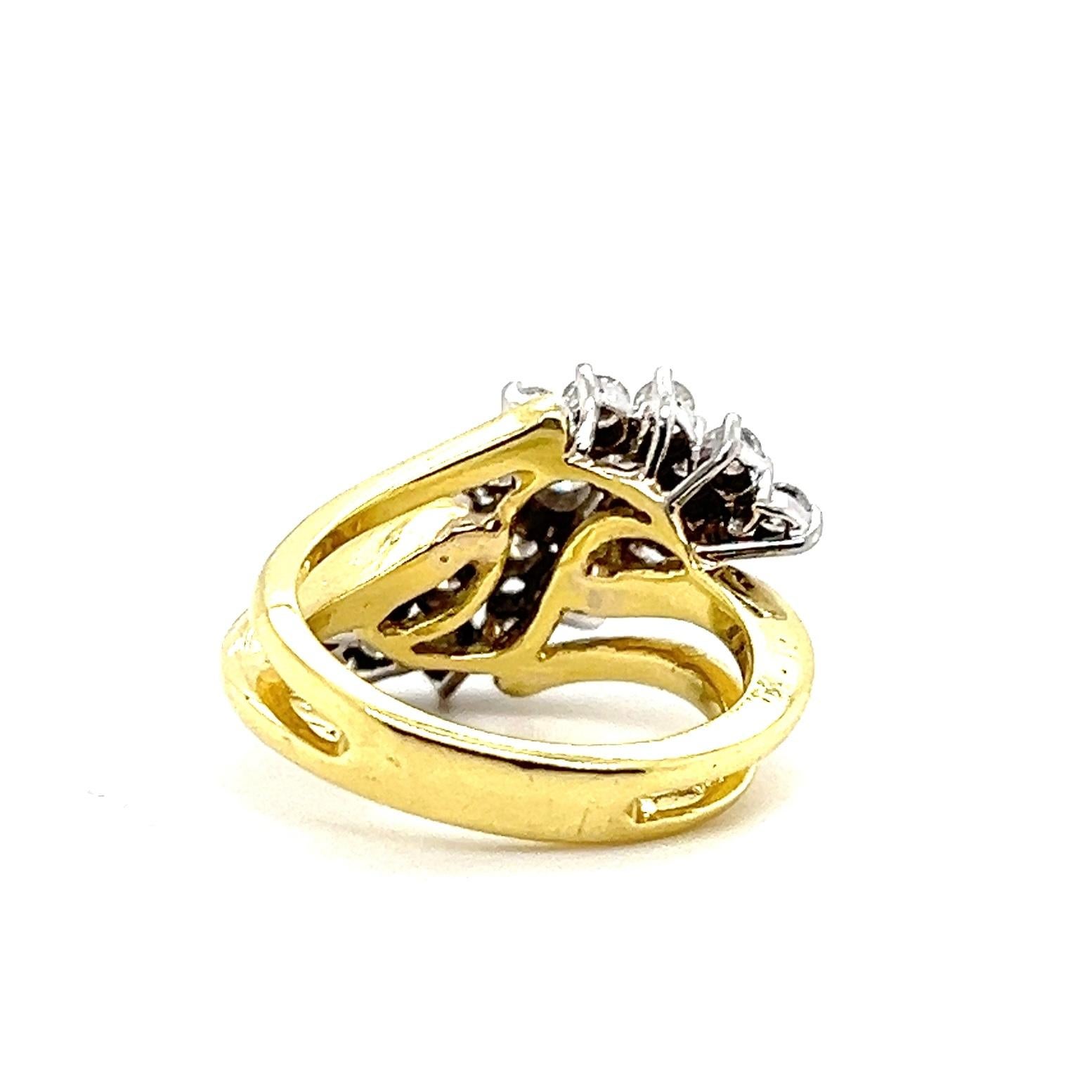 Round Cut 1970s  1.00 TCW Diamond and 18k Two Tone Gold Waterfall Cluster Ring