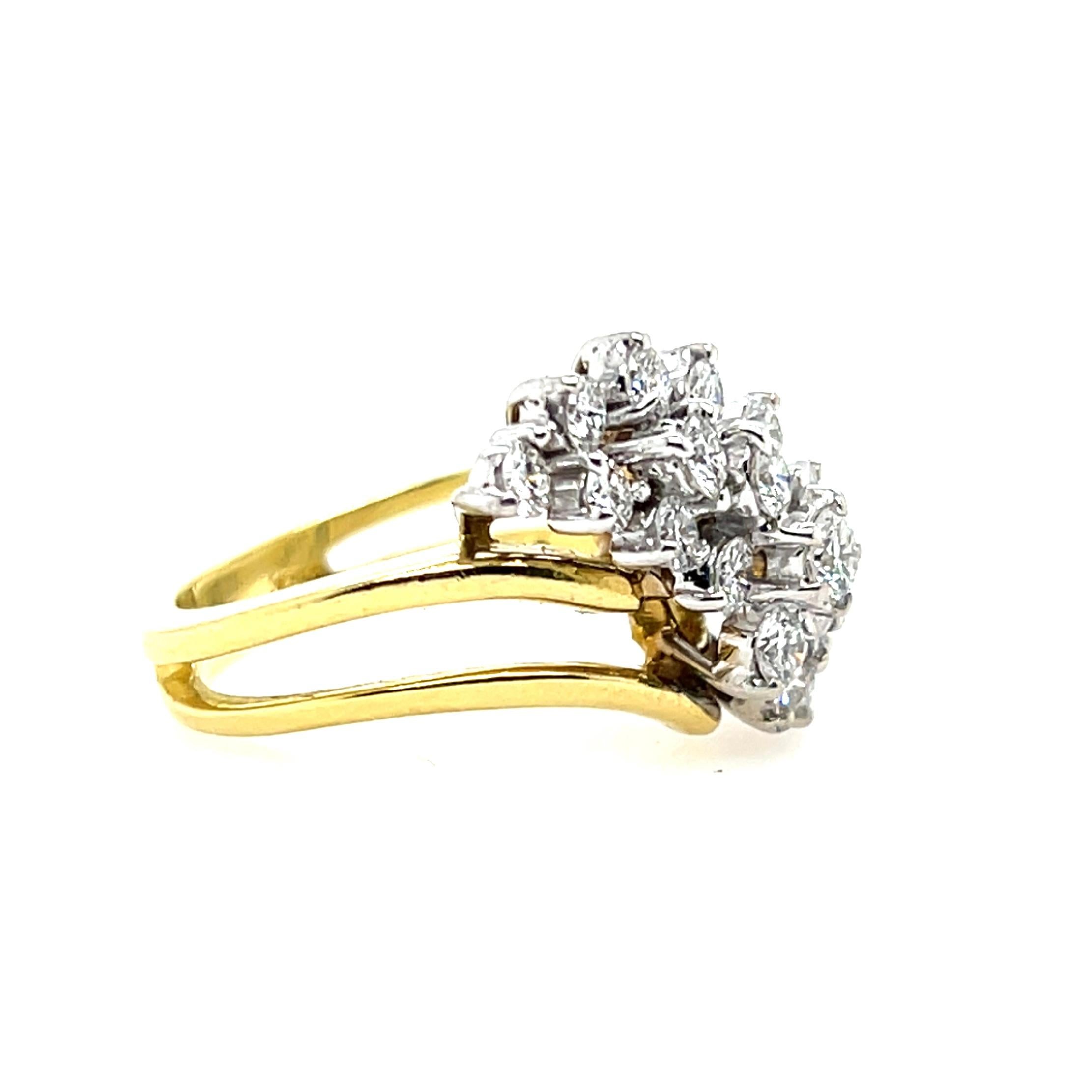 1970s  1.00 TCW Diamond and 18k Two Tone Gold Waterfall Cluster Ring In Good Condition In Towson, MD