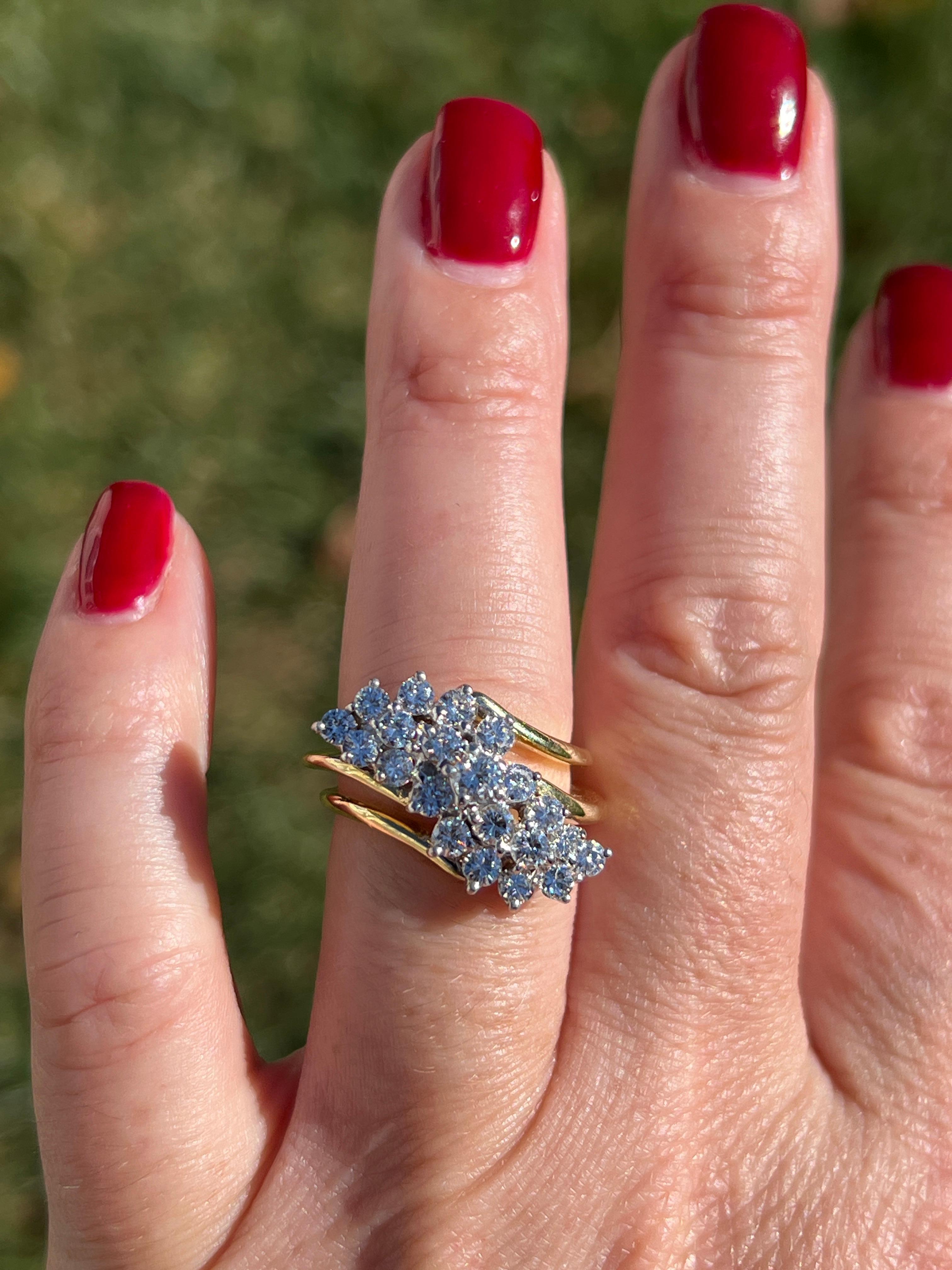 Women's or Men's 1970s  1.00 TCW Diamond and 18k Two Tone Gold Waterfall Cluster Ring