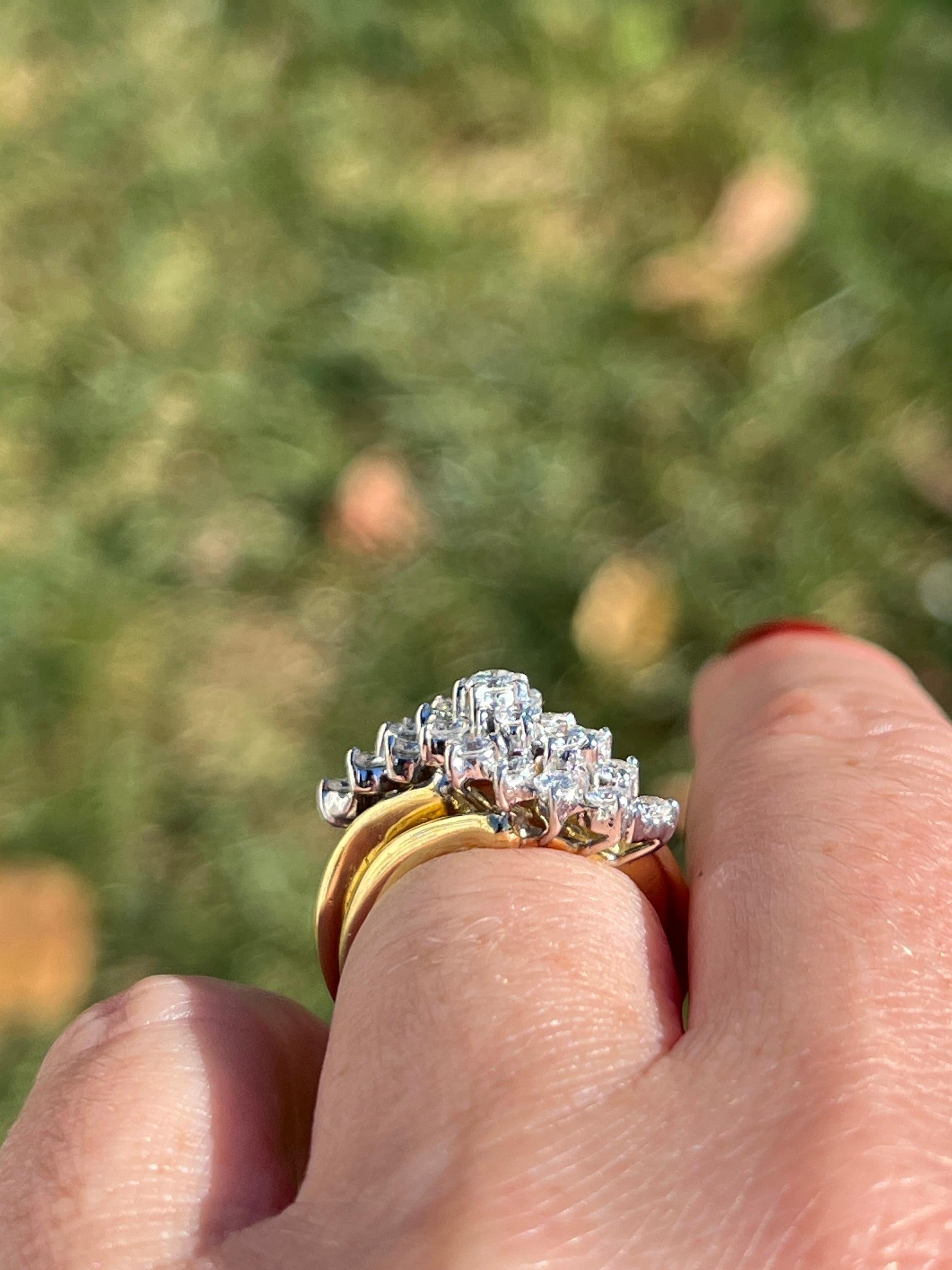 1970s  1.00 TCW Diamond and 18k Two Tone Gold Waterfall Cluster Ring 1