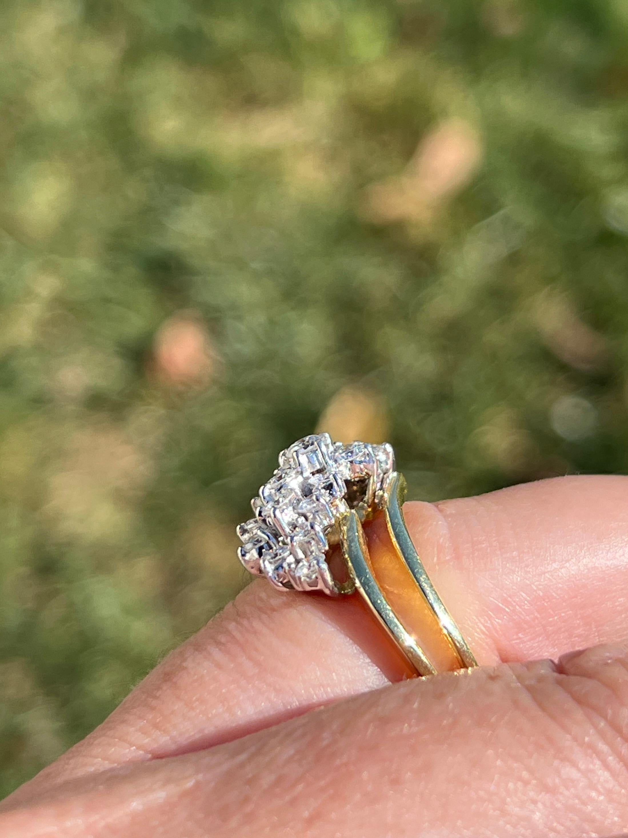 1970s  1.00 TCW Diamond and 18k Two Tone Gold Waterfall Cluster Ring 2