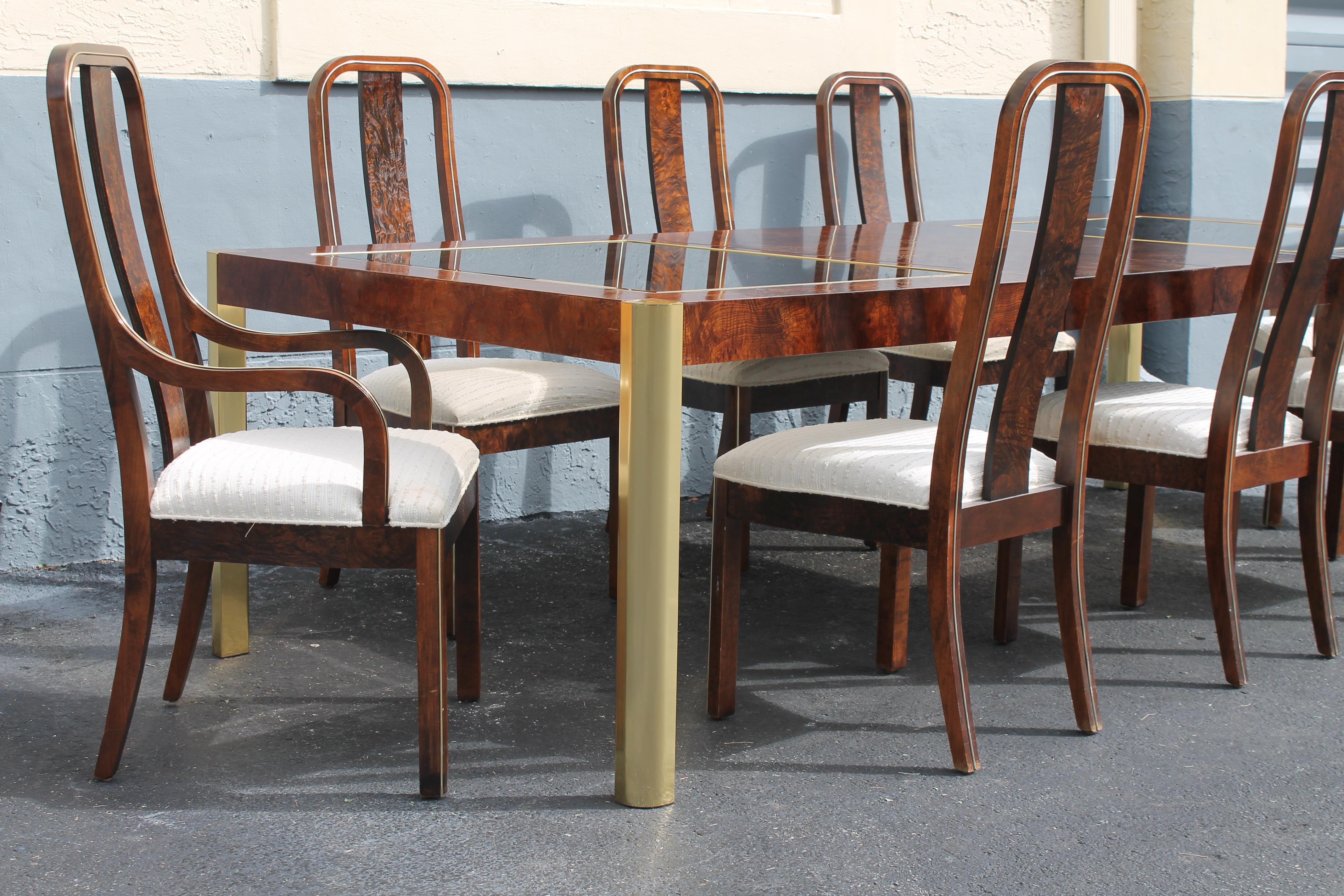 North American 1970's 11 Piece Ultra Modern Burllwood/ Brass/ Bronze Toned Glass Dining Set For Sale