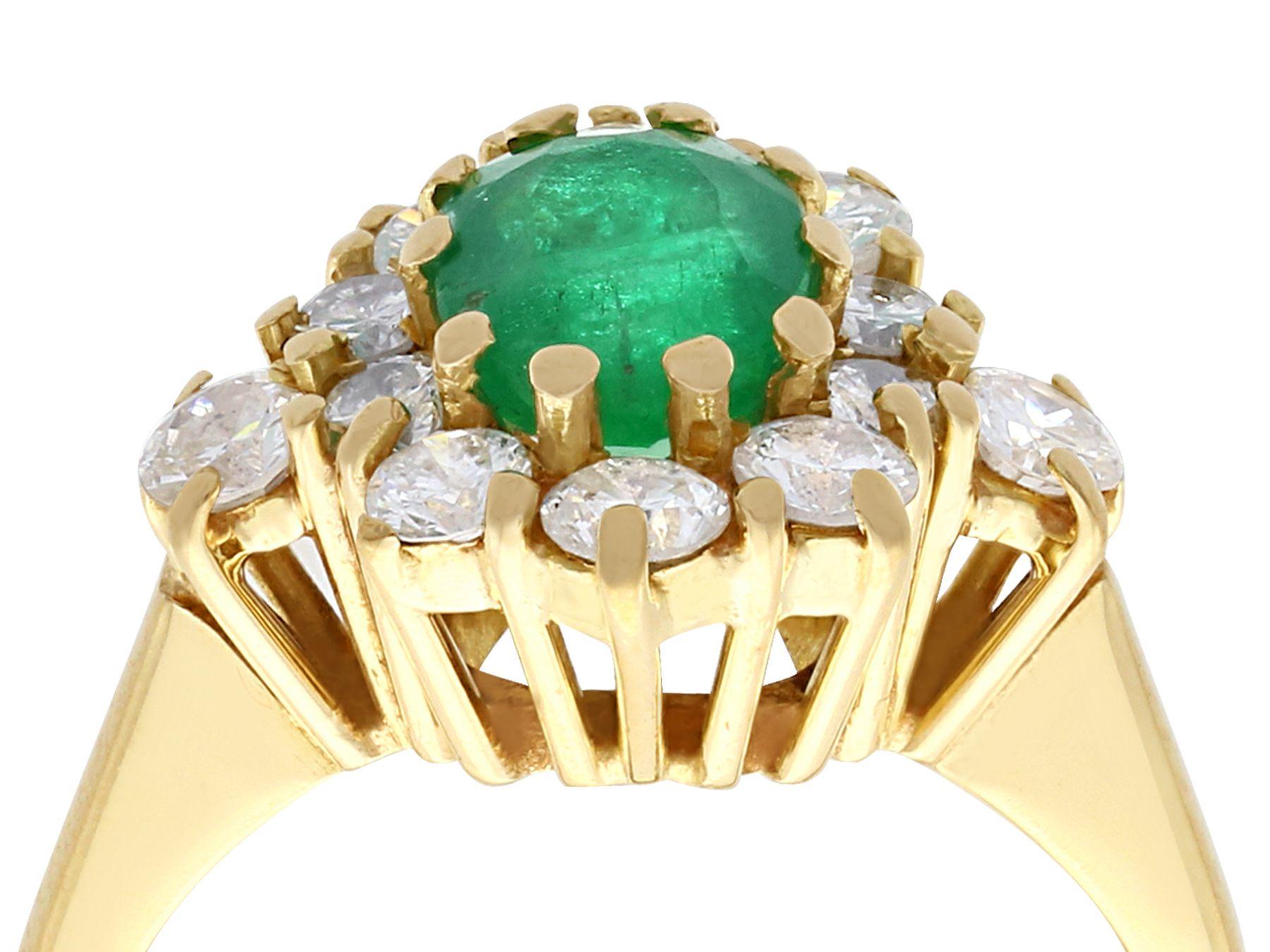 A fine and impressive vintage 1.30 carat emerald and 0.65 carat, 18 karat yellow gold cocktail ring; part of our diverse antique jewelry collections

This fine and impressive vintage emerald and diamond cluster ring has been crafted in 18k yellow