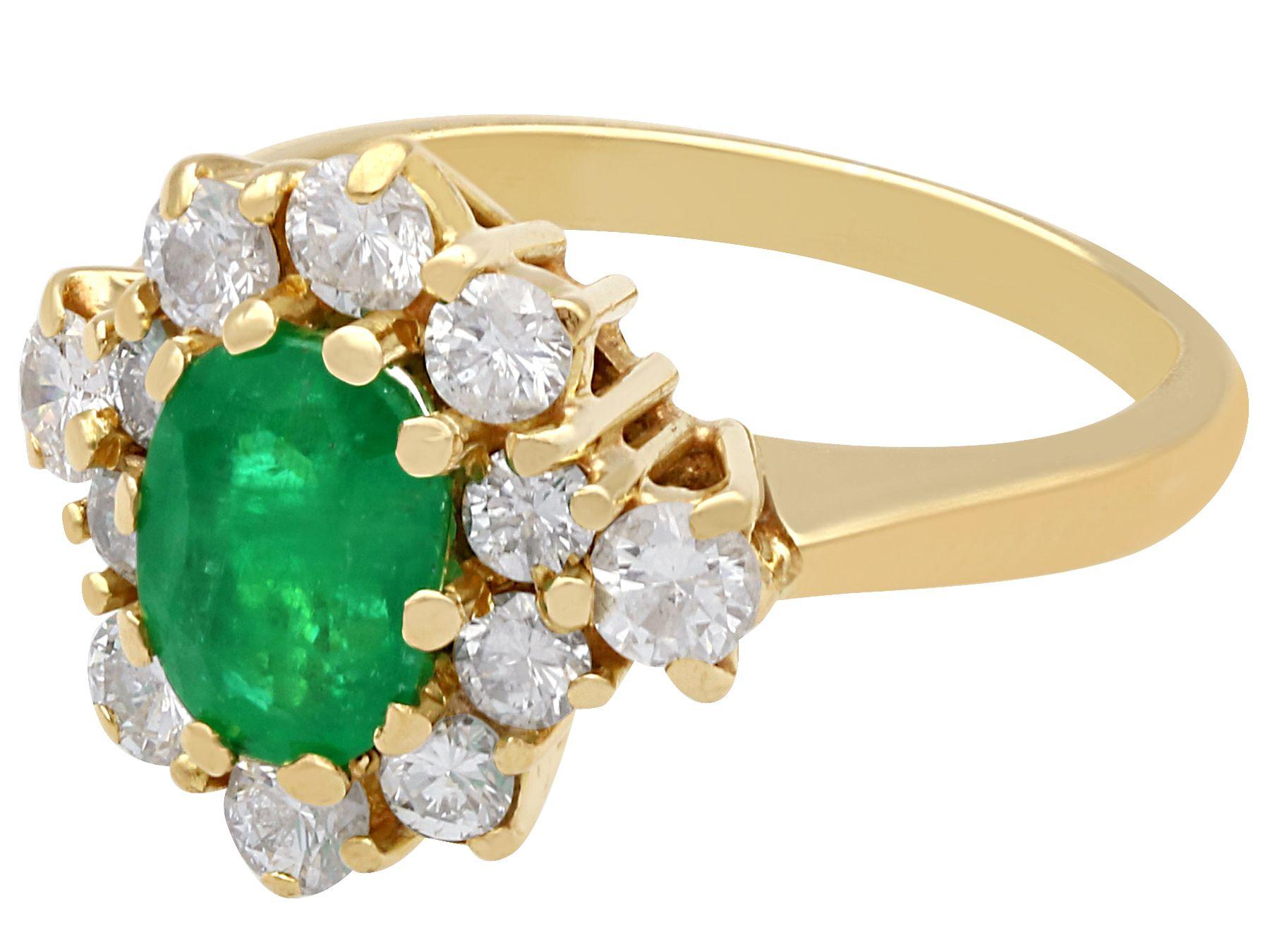 Oval Cut 1970s, 1.30 Carat Emerald and Diamond Yellow Gold Cluster Cocktail Ring