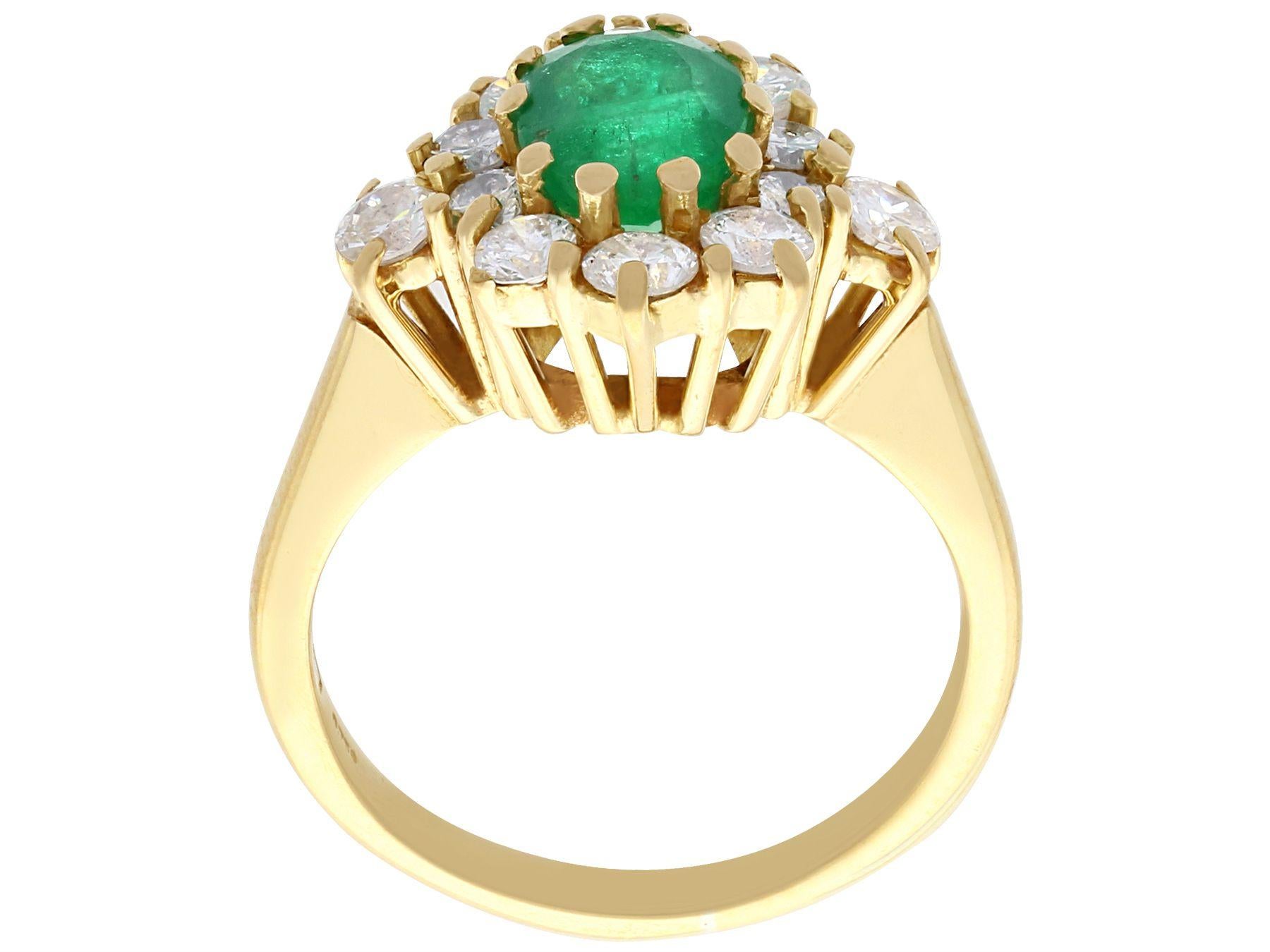 Women's 1970s, 1.30 Carat Emerald and Diamond Yellow Gold Cluster Cocktail Ring