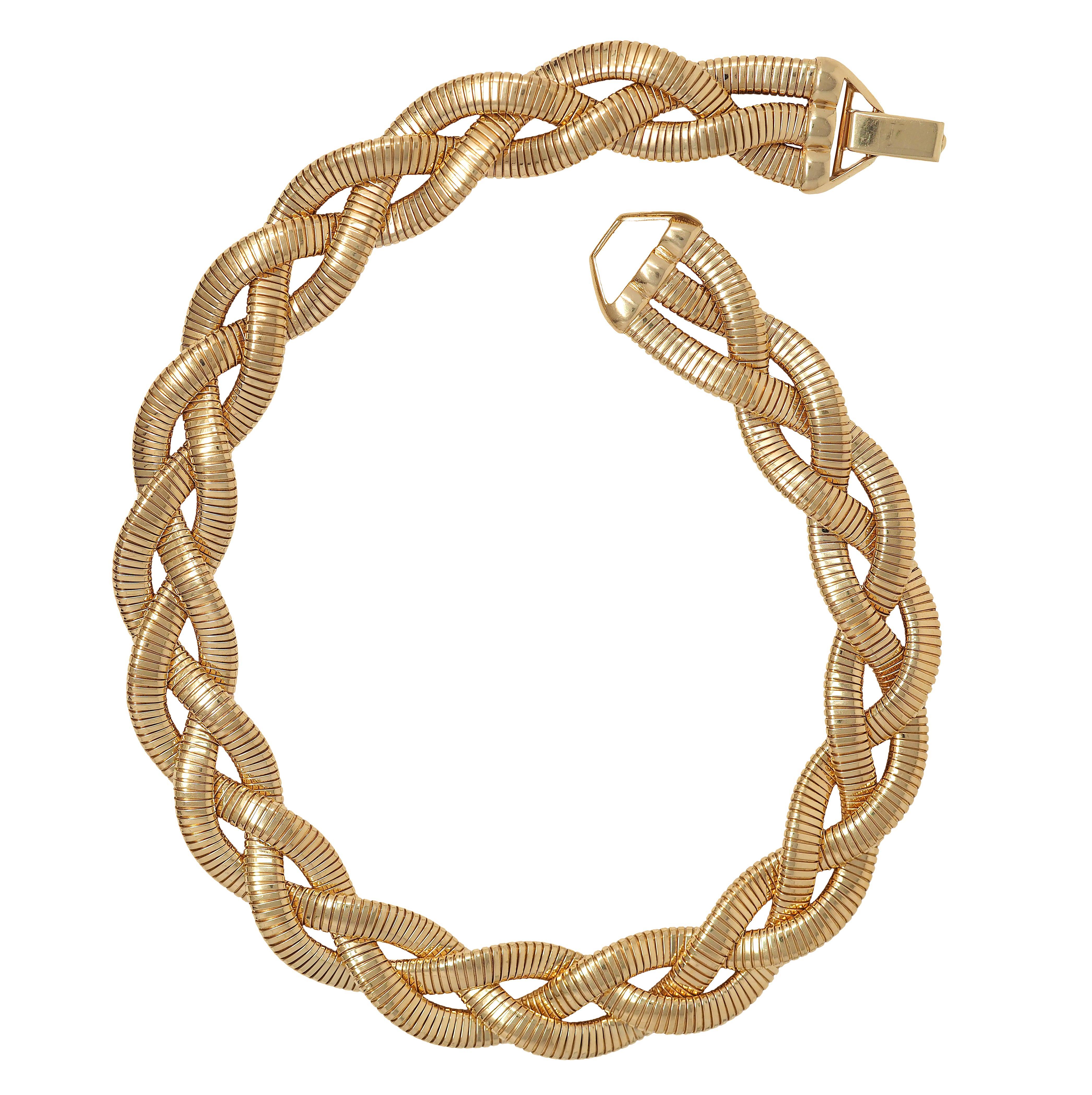 Collier tubogas tressé vintage en or jaune 14 carats des années 1970 Excellent état - En vente à Philadelphia, PA