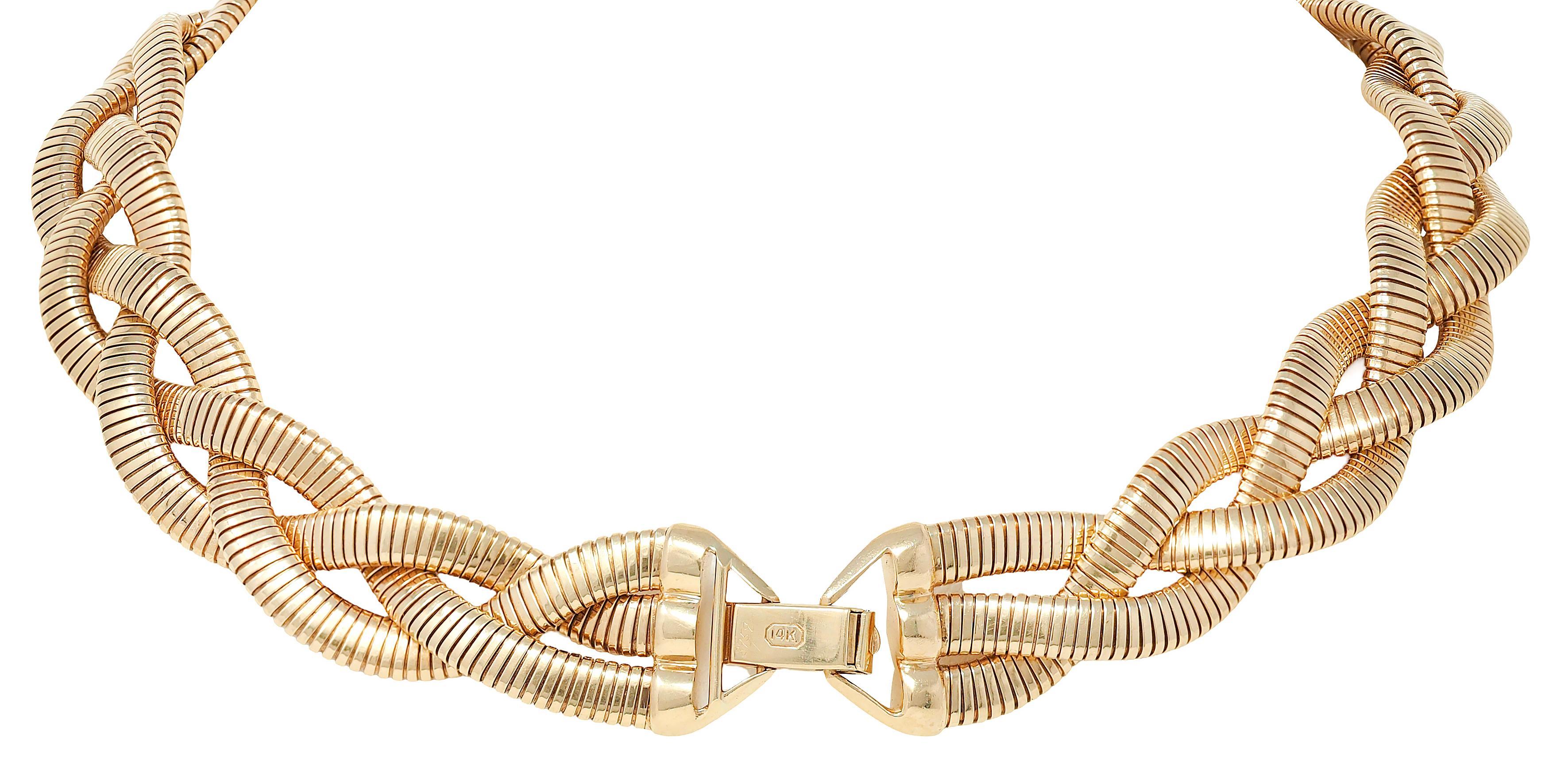 Collier tubogas tressé vintage en or jaune 14 carats des années 1970 en vente 1