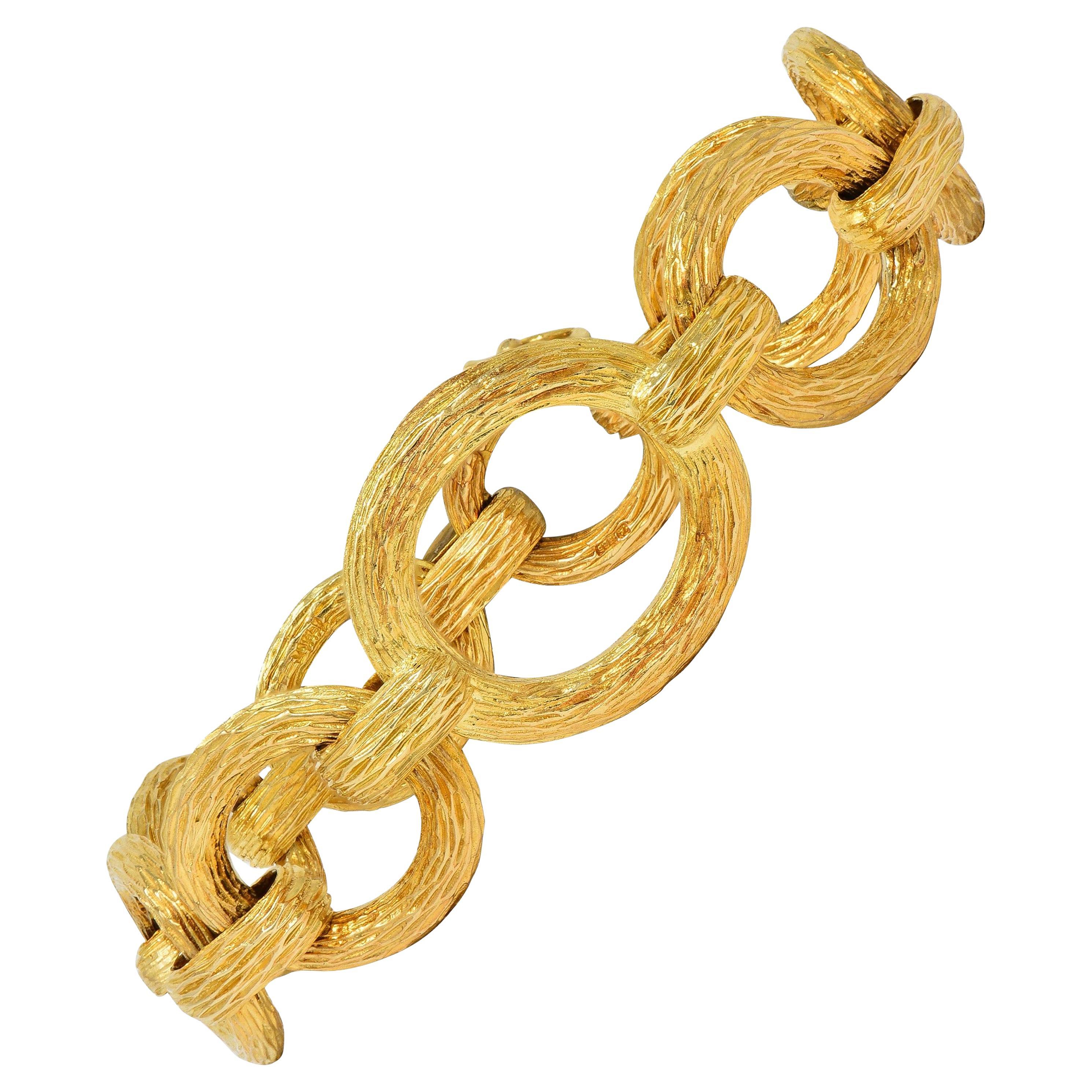 Pulsera vintage de oro amarillo de 14 quilates con eslabones de madera de los años 70 en venta