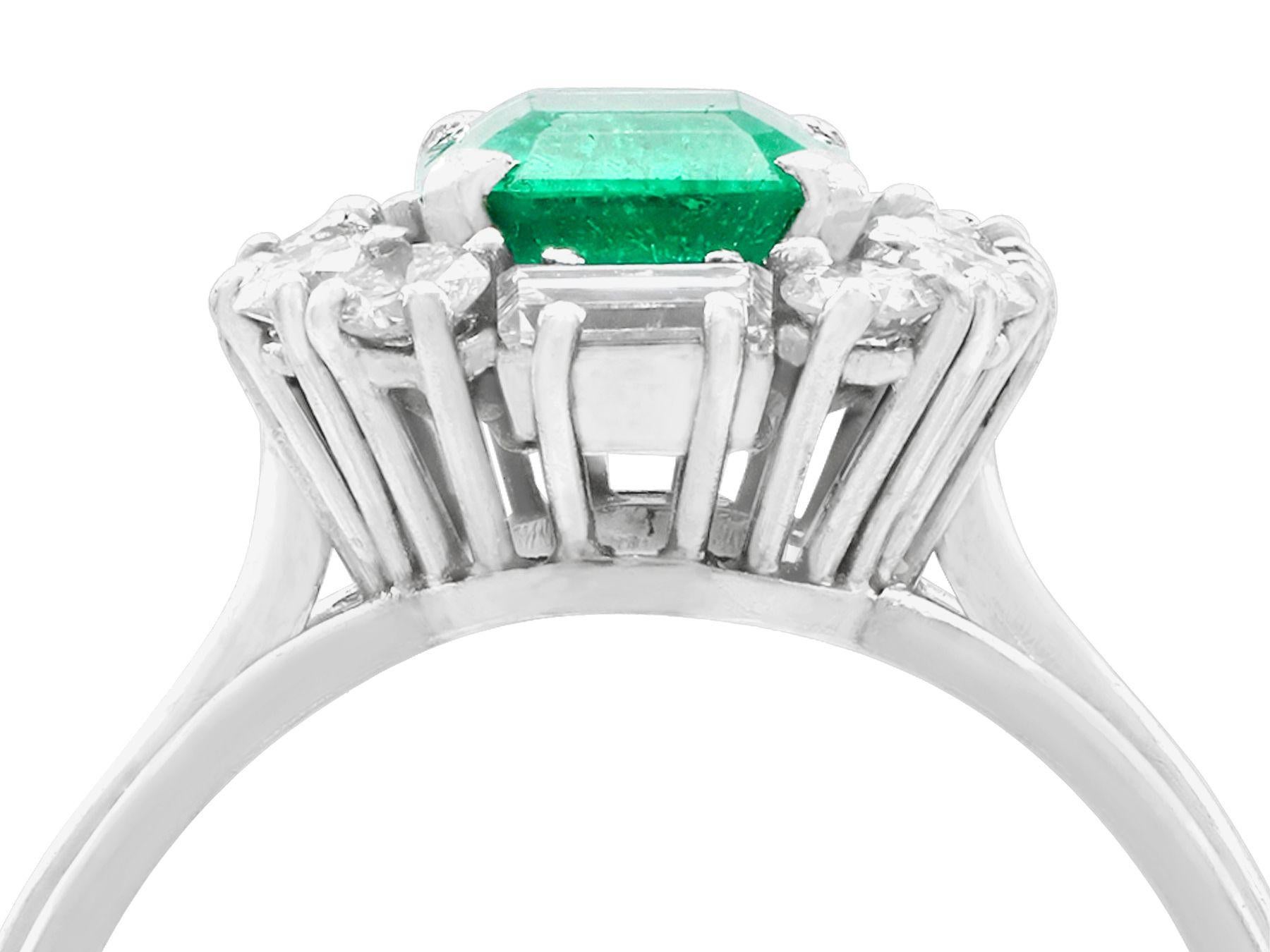 A fine and impressive vintage 1.43 carat emerald, 0.68 carat diamond and platinum cocktail ring; part of our diverse vintage jewelry and estate jewelry collections.

This fine and impressive emerald and diamond cocktail ring has been crafted in