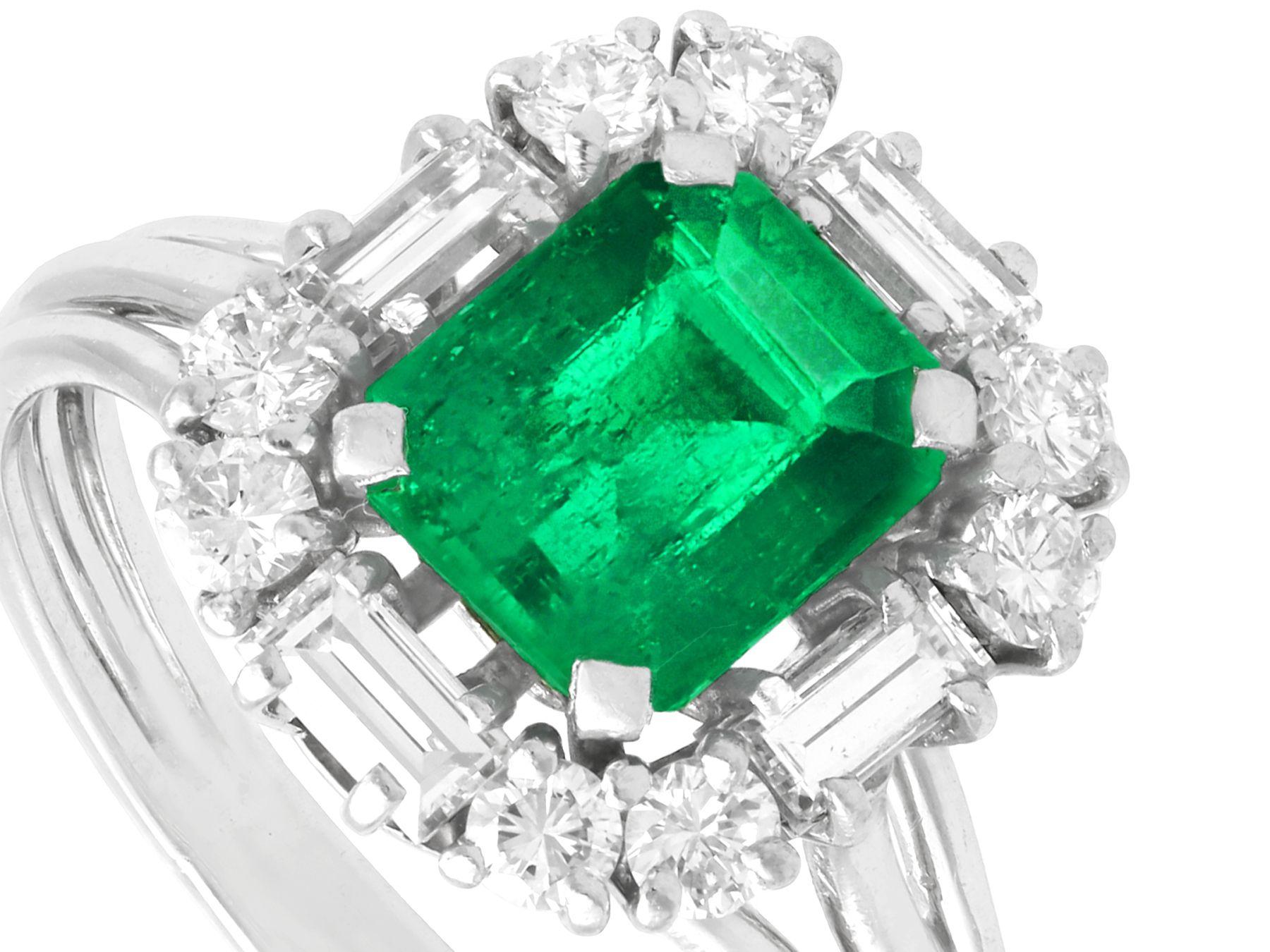 Baguette Cut 1970s 1.43 Carat Emerald and Diamond Platinum Cluster Ring For Sale