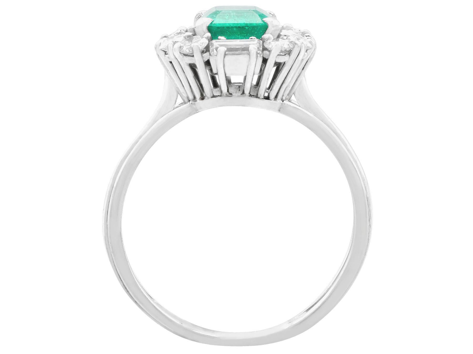 Women's 1970s 1.43 Carat Emerald and Diamond Platinum Cluster Ring For Sale