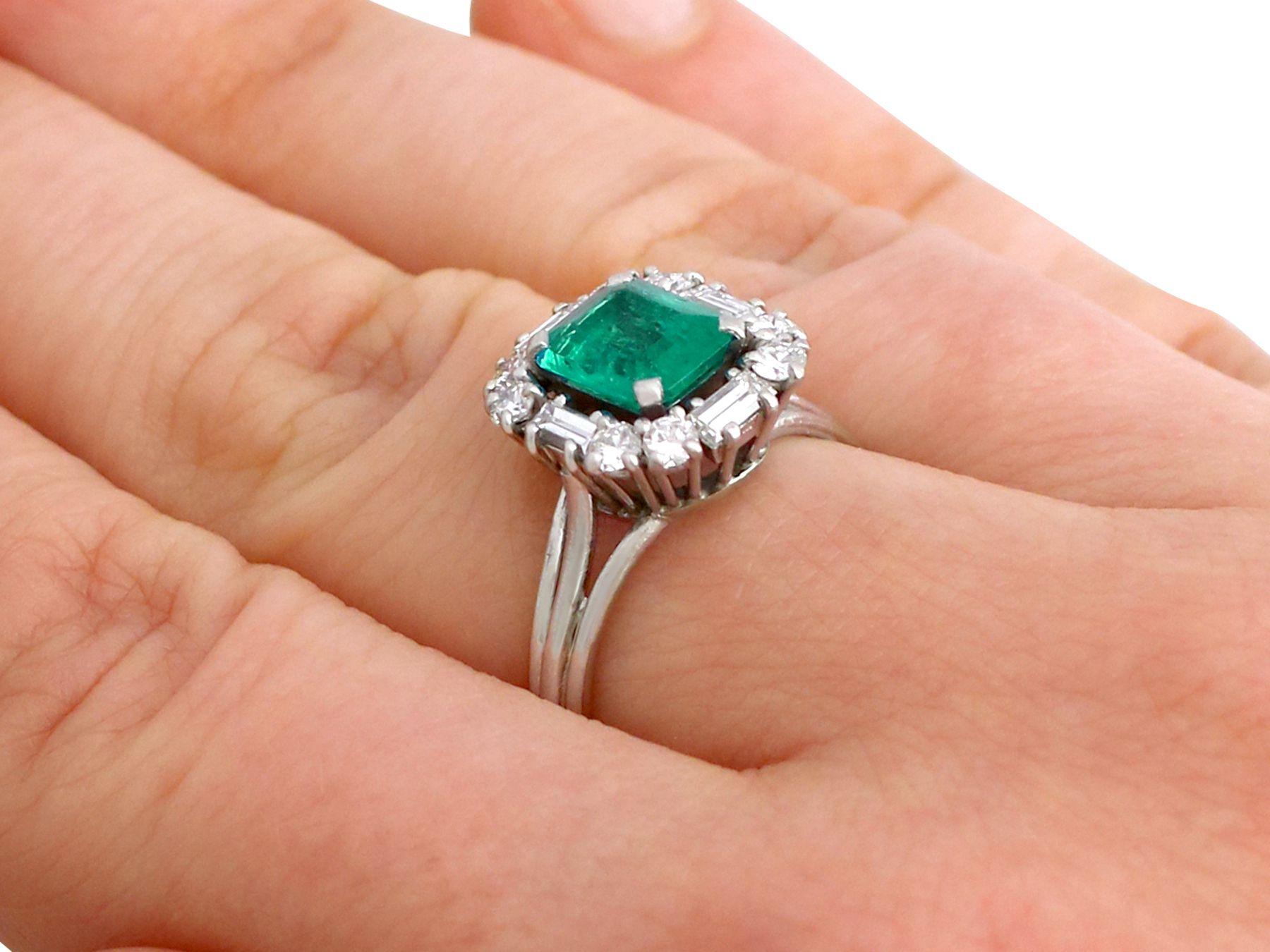 1970s 1.43 Carat Emerald and Diamond Platinum Cluster Ring For Sale 2