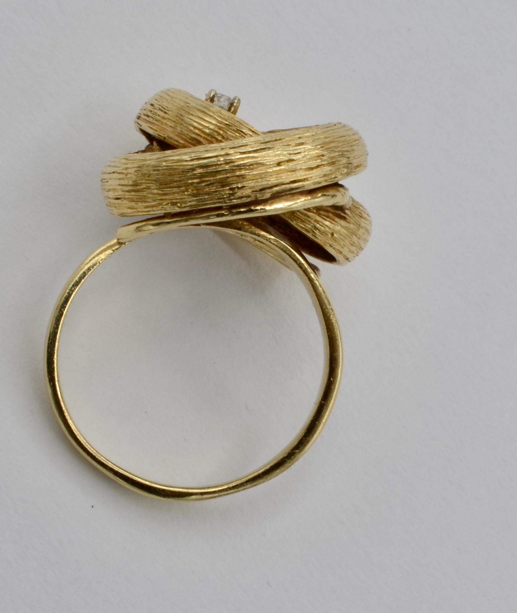 Women's or Men's 14 Karat Gold Double Loop Diamond Ring 1970 For Sale