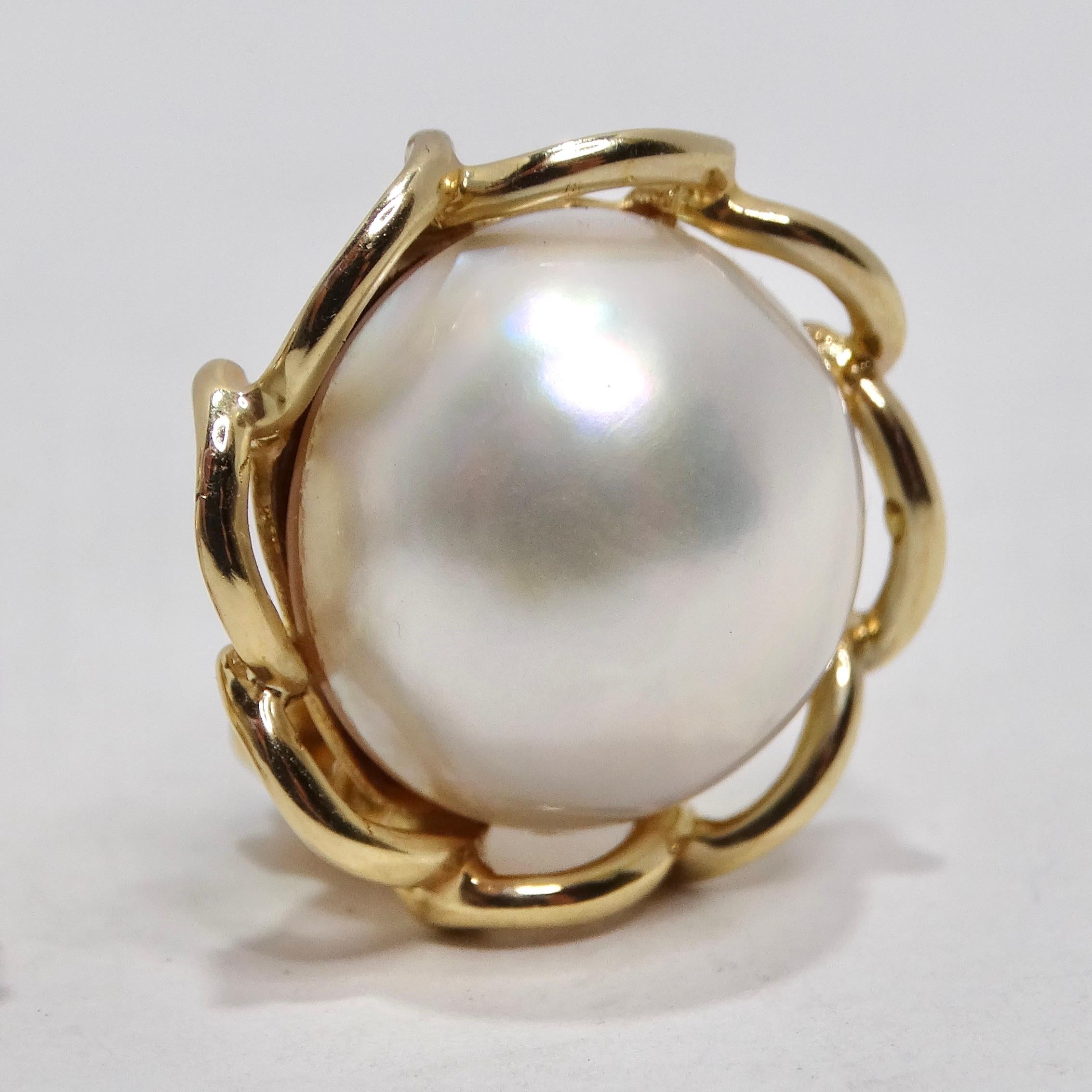 Ball Cut 1970s 14K Gold Pearl Clip On Stud Earrings For Sale