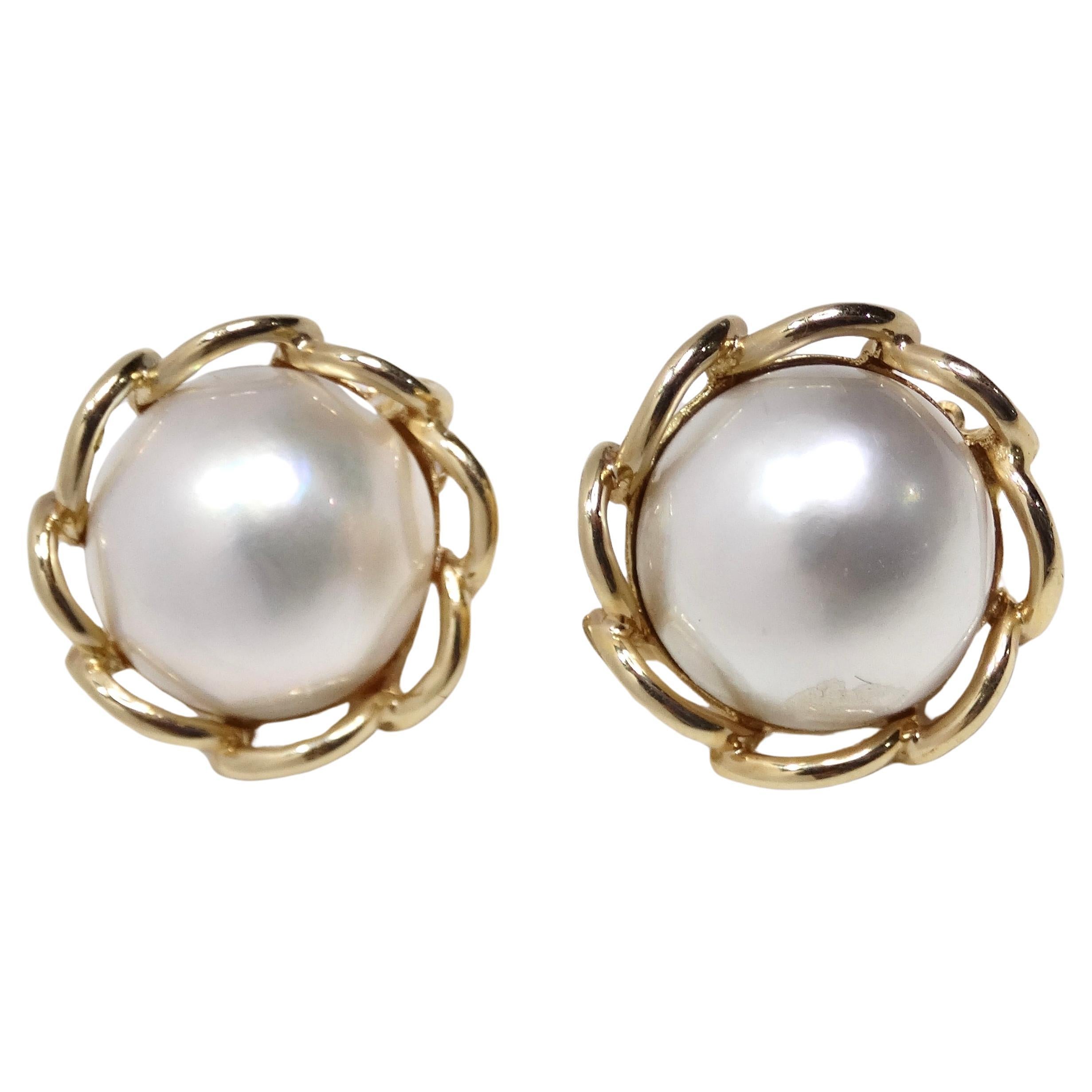 1970s 14K Gold Pearl Clip On Stud Earrings For Sale