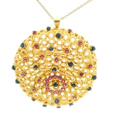 1970er Jahre 14K Gold Rubin und Saphir durchbrochene Mandala Brosche-Anhänger