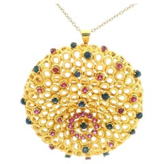 1970s 14K Gold Ruby and Sapphire Openwork Mandala Brooch-Pendant