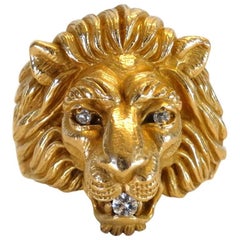 1970s 14k Yellow Gold 
3 Diamond Lion Head Ring