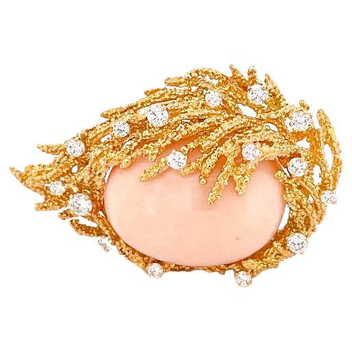 1970's 14k Yellow Gold Diamond & Oval Coral Egg Pin