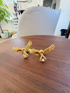 1970s 14kt Yellow Gold Majestic Eagle Cufflinks with Diamonds, 0.35ct