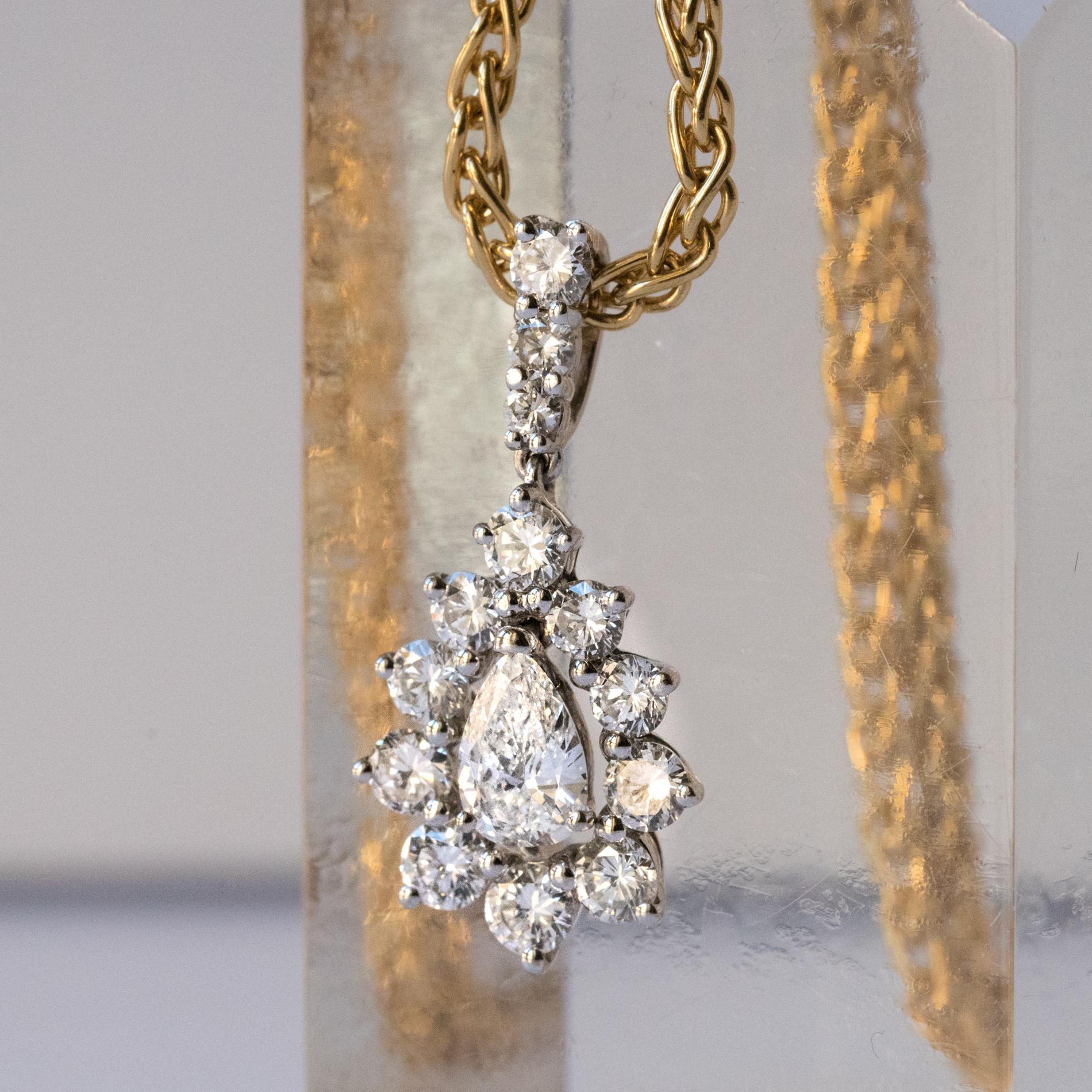 Modern 1970s 1.65 Carat Diamond White Gold Pendant Yellow Gold Chain Necklace