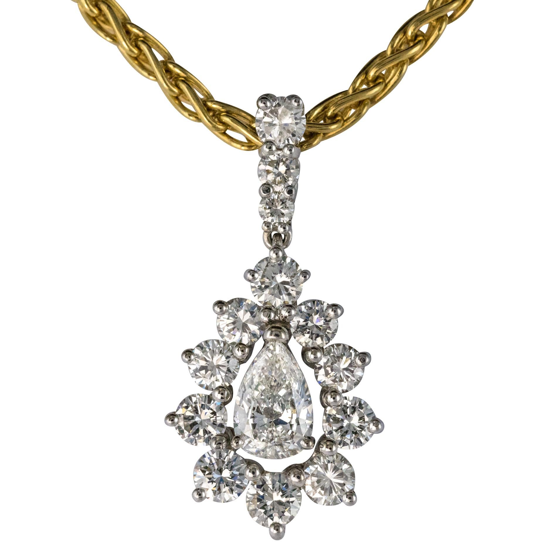 1970s 1.65 Carat Diamond White Gold Pendant Yellow Gold Chain Necklace