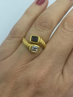1970s 18 k gold and emerald cut diamond and sapphire toi et moi ring