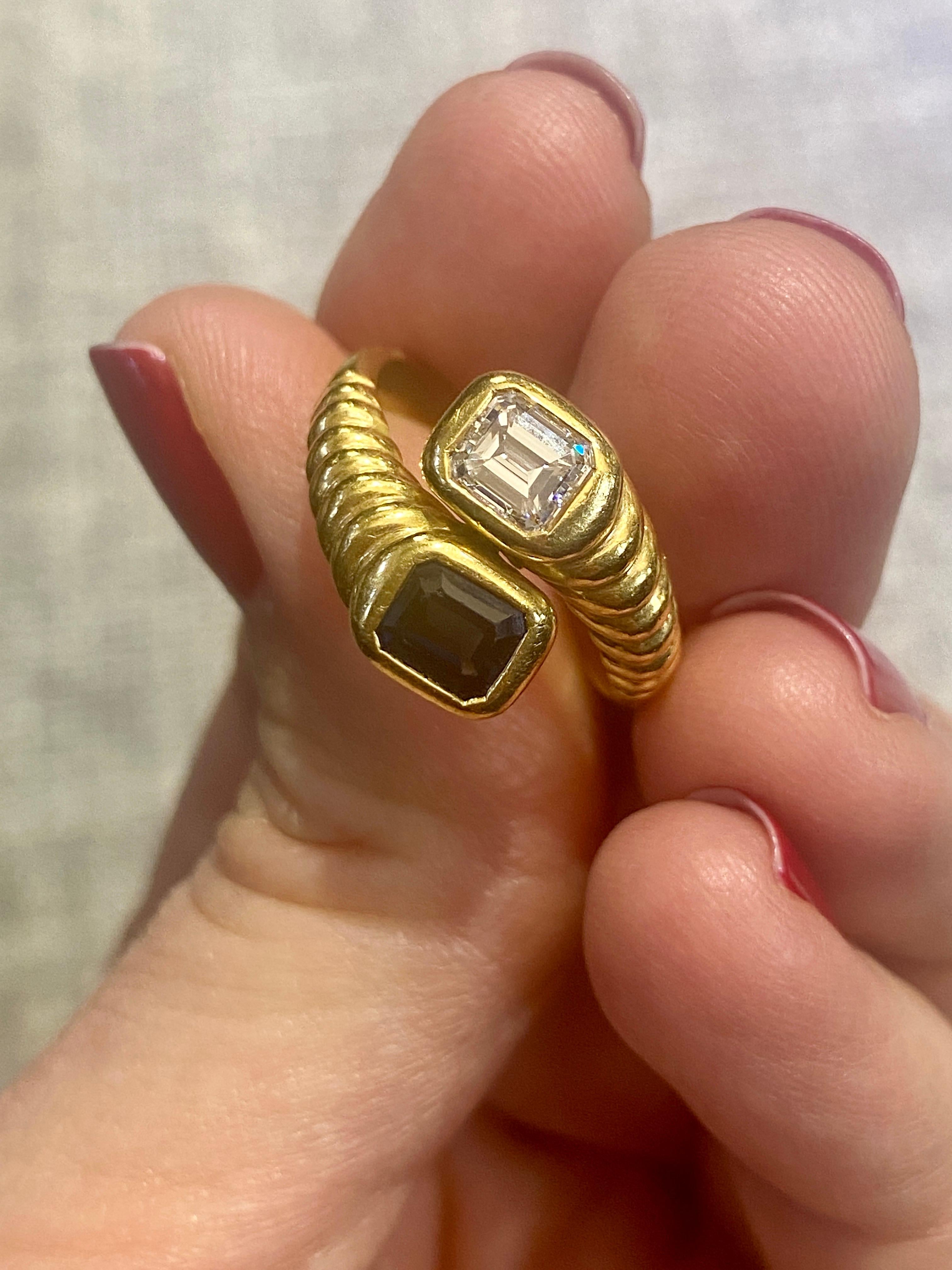 Emerald Cut 1970s 18 k gold and emerald cut diamond and sapphire toi et moi ring For Sale