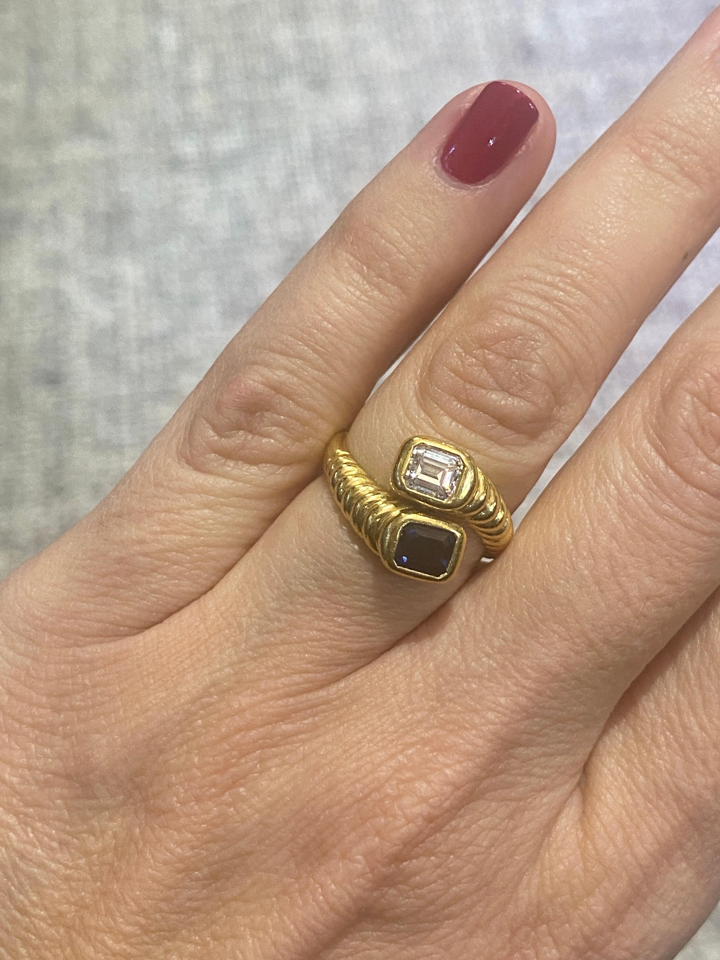 1970s 18 k gold and emerald cut diamond and sapphire toi et moi ring For Sale 1