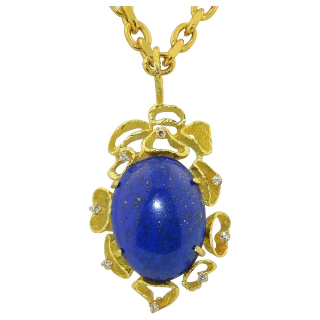 1970s 18 Karat Gold VS Diamond Lapis Lazuli Necklace Pendant For Sale