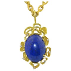 1970s 18 Karat Gold VS Diamond Lapis Lazuli Necklace Pendant