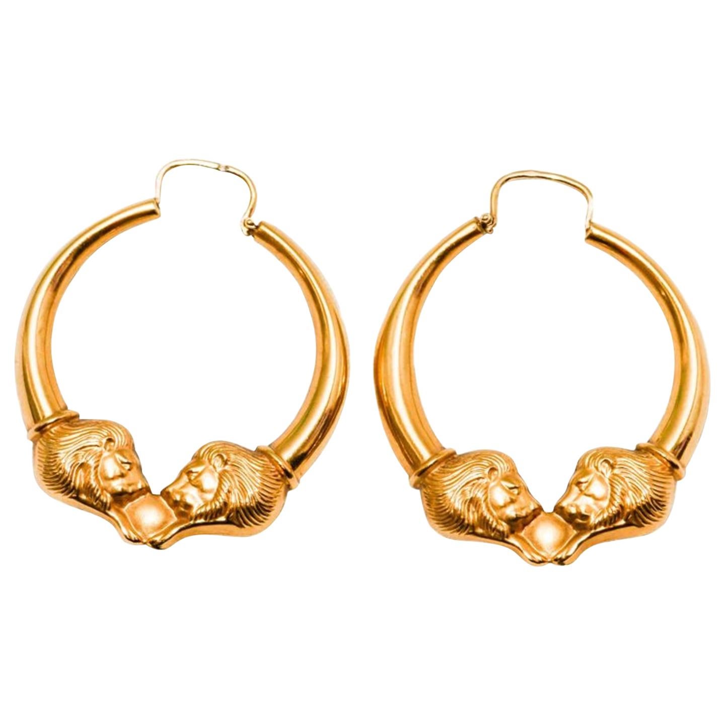 1970s 18 Karat Lions Heads Pierced Hoop Earrings