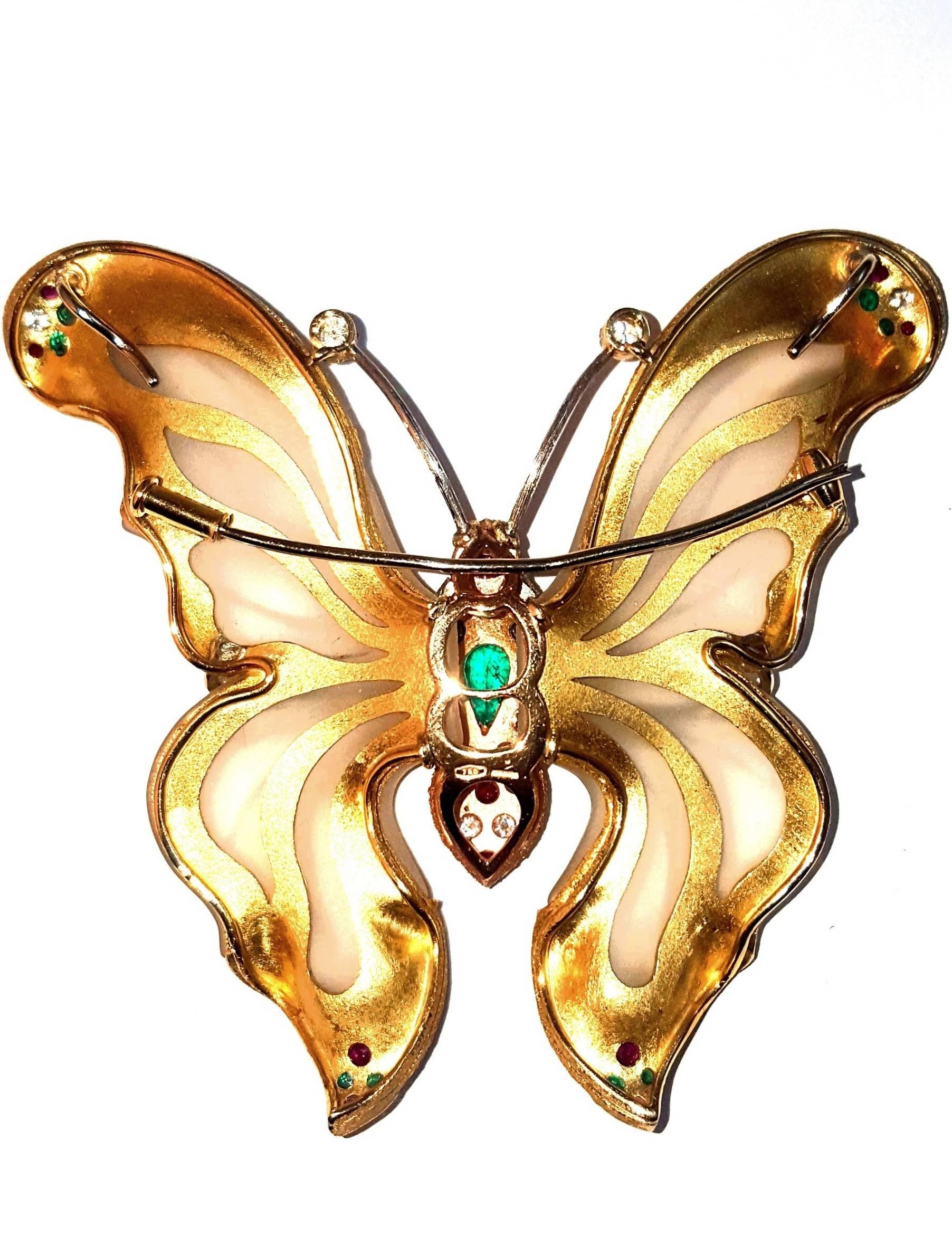 Artisan 1970s 18 Karat Rock Crystal Ruby Emerald Sapphire Diamond Butterfly from Capri For Sale