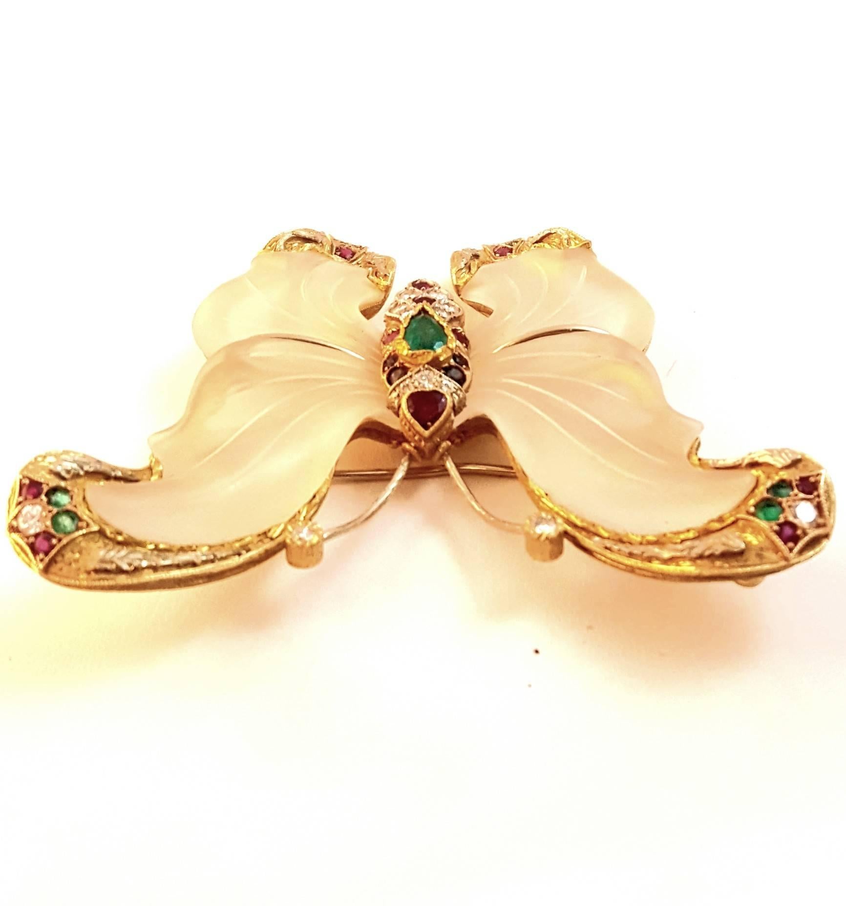 1970s 18 Karat Rock Crystal Ruby Emerald Sapphire Diamond Butterfly from Capri In Excellent Condition For Sale In Palm Beach, FL