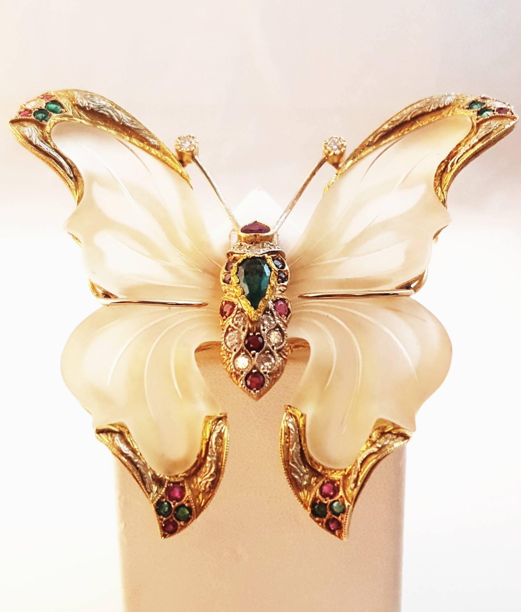 Women's 1970s 18 Karat Rock Crystal Ruby Emerald Sapphire Diamond Butterfly from Capri For Sale