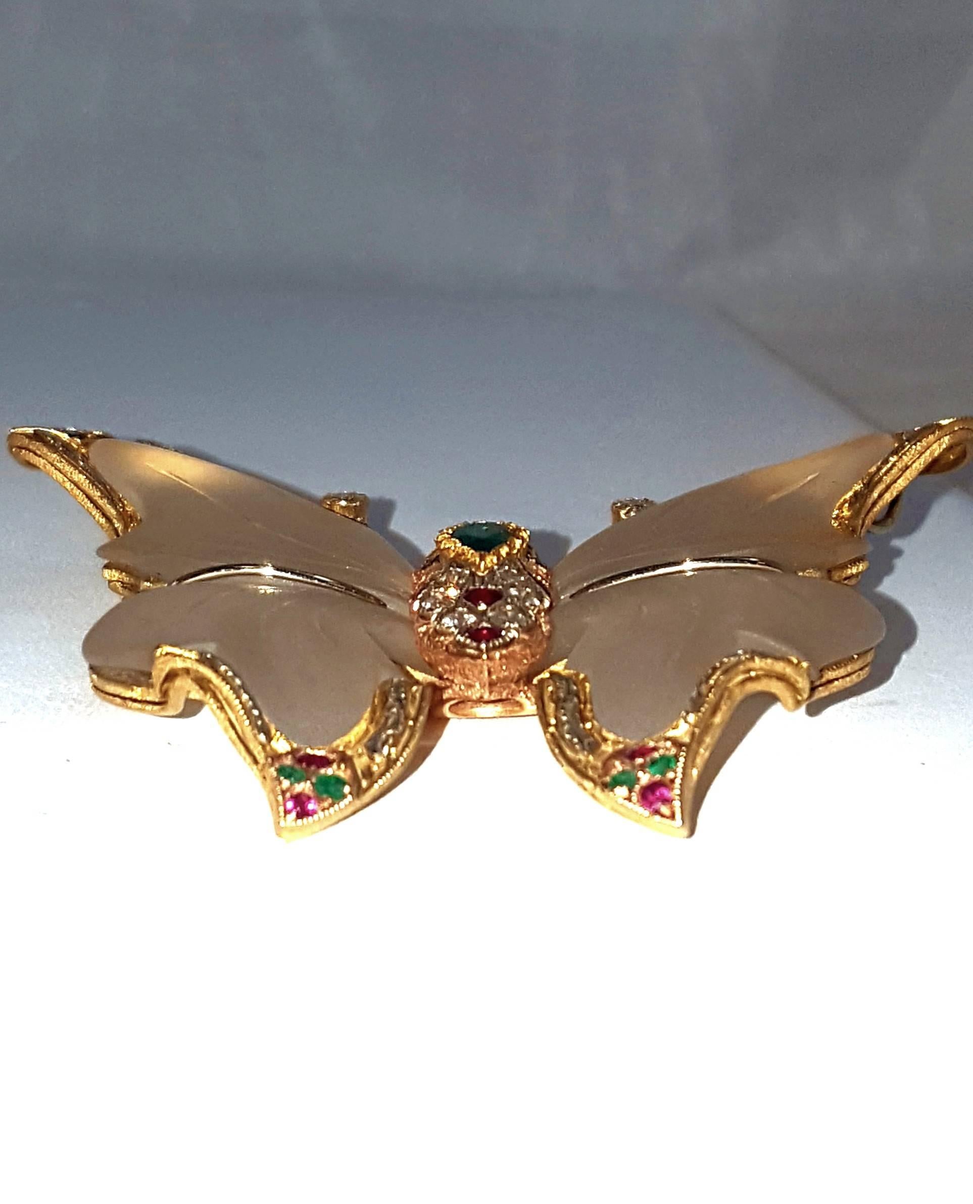 1970s 18 Karat Rock Crystal Ruby Emerald Sapphire Diamond Butterfly from Capri For Sale 1
