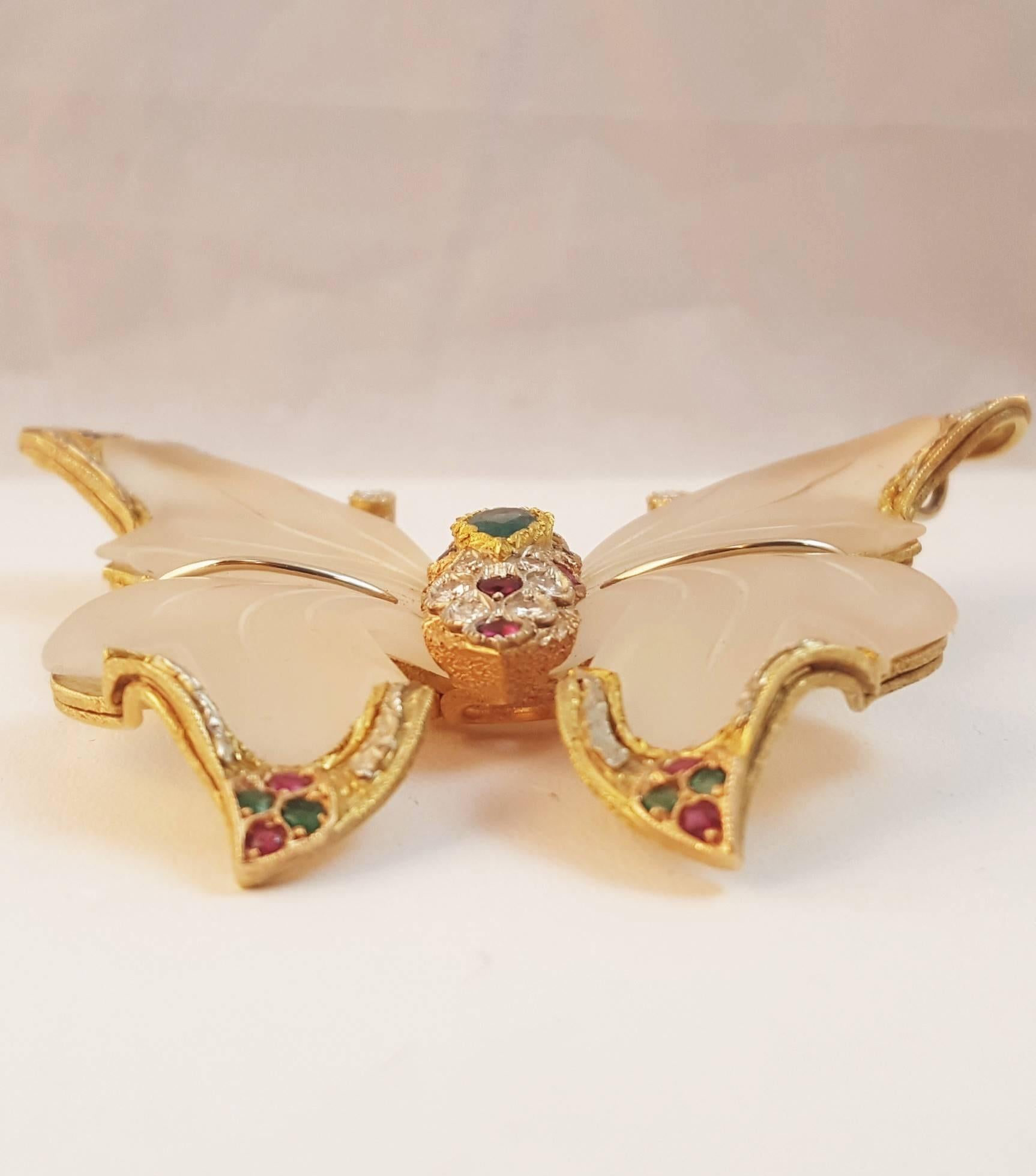 1970s 18 Karat Rock Crystal Ruby Emerald Sapphire Diamond Butterfly from Capri For Sale 2