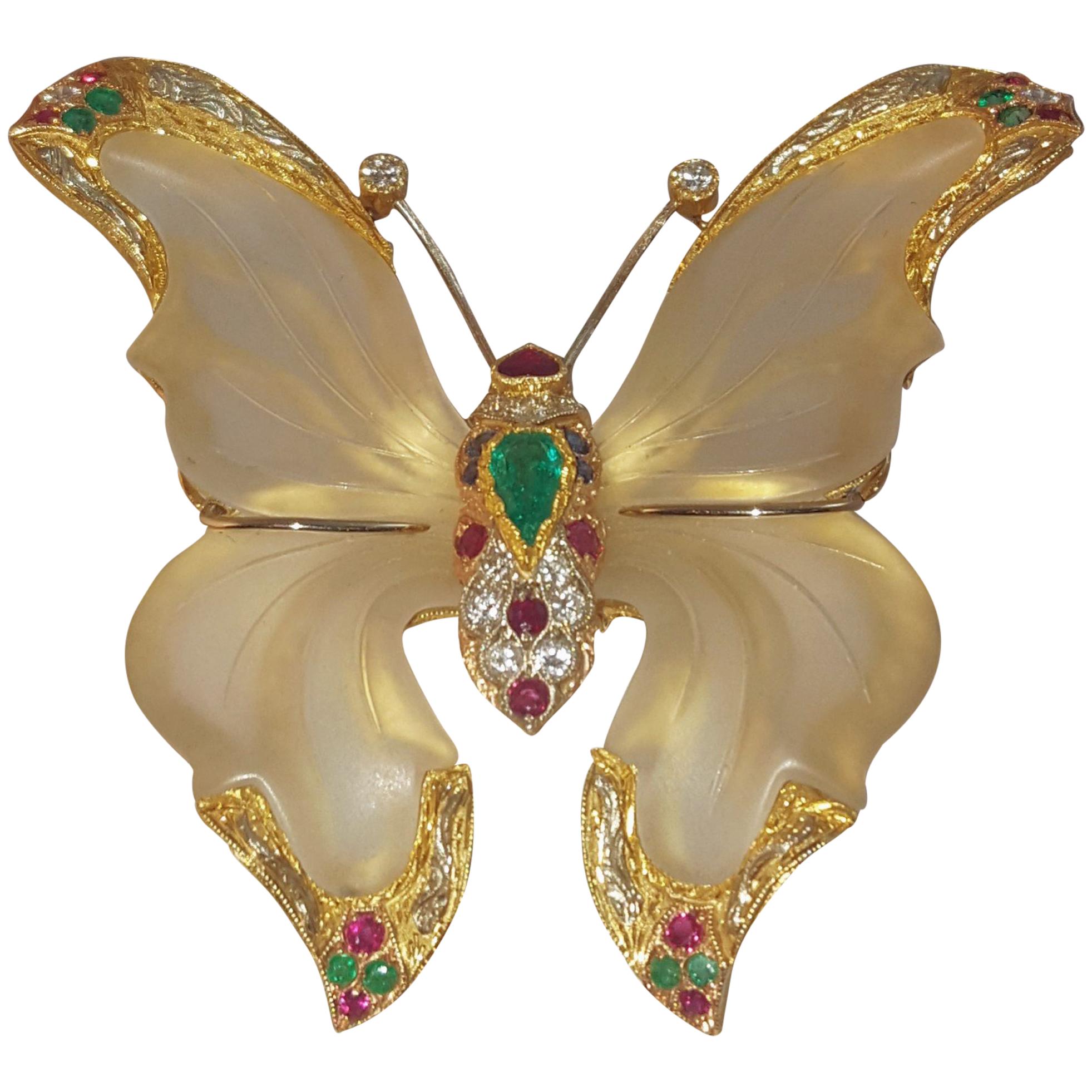 1970s 18 Karat Rock Crystal Ruby Emerald Sapphire Diamond Butterfly from Capri For Sale